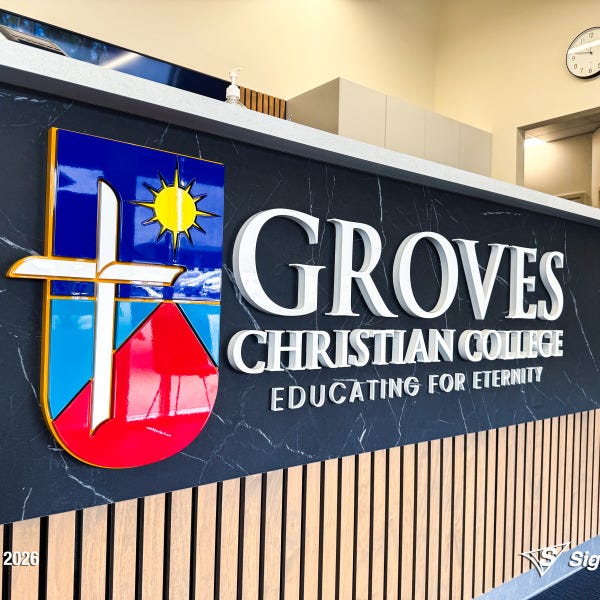 3D acrylic reception desk logo created by Signarama for Groves Christian College.3D acrylic reception desk logo created by Signarama for Groves Christian College.