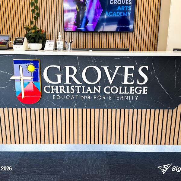 3D acrylic reception desk logo created by Signarama for Groves Christian College.