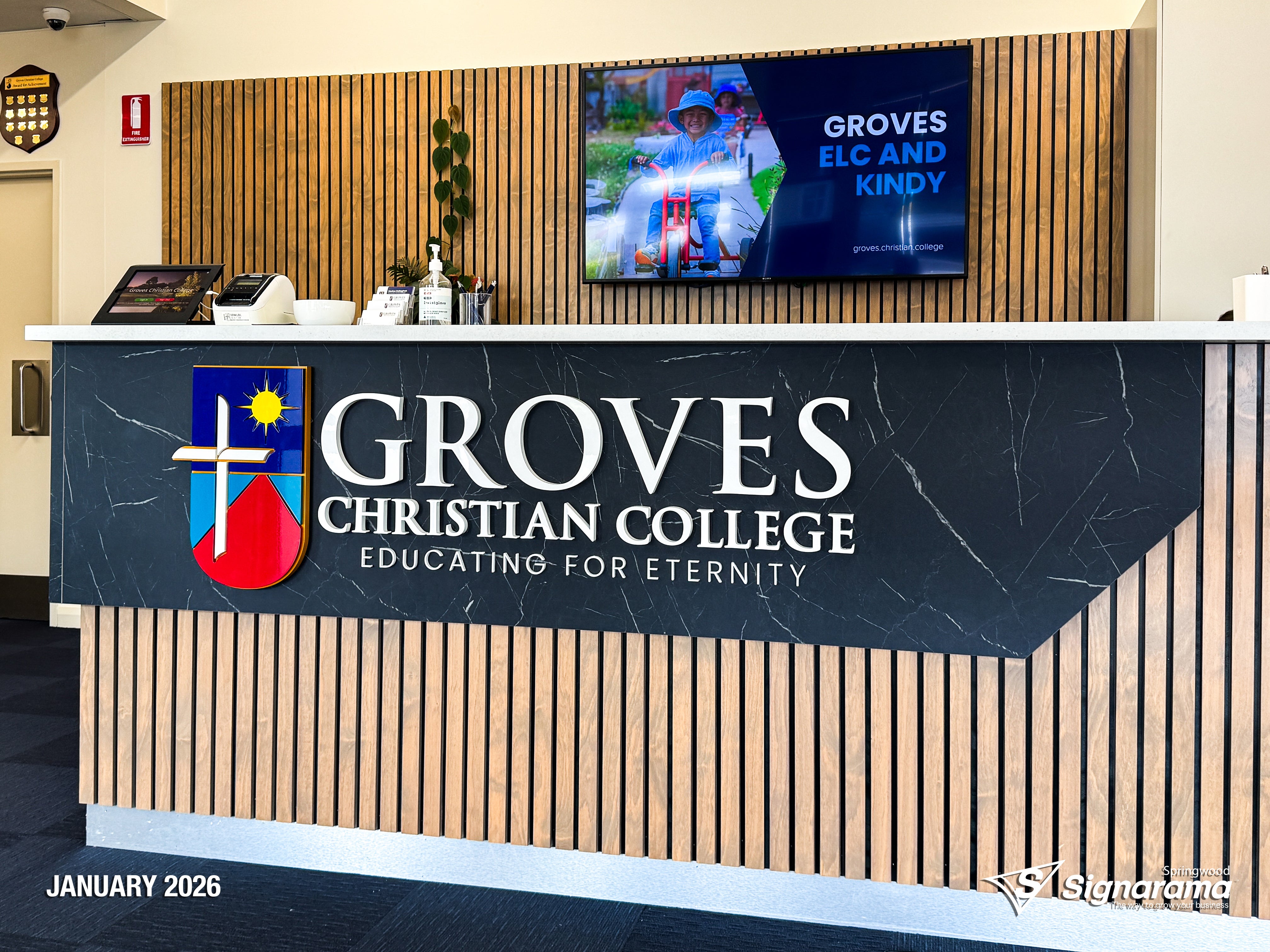 3D acrylic reception desk logo created by Signarama for Groves Christian College.