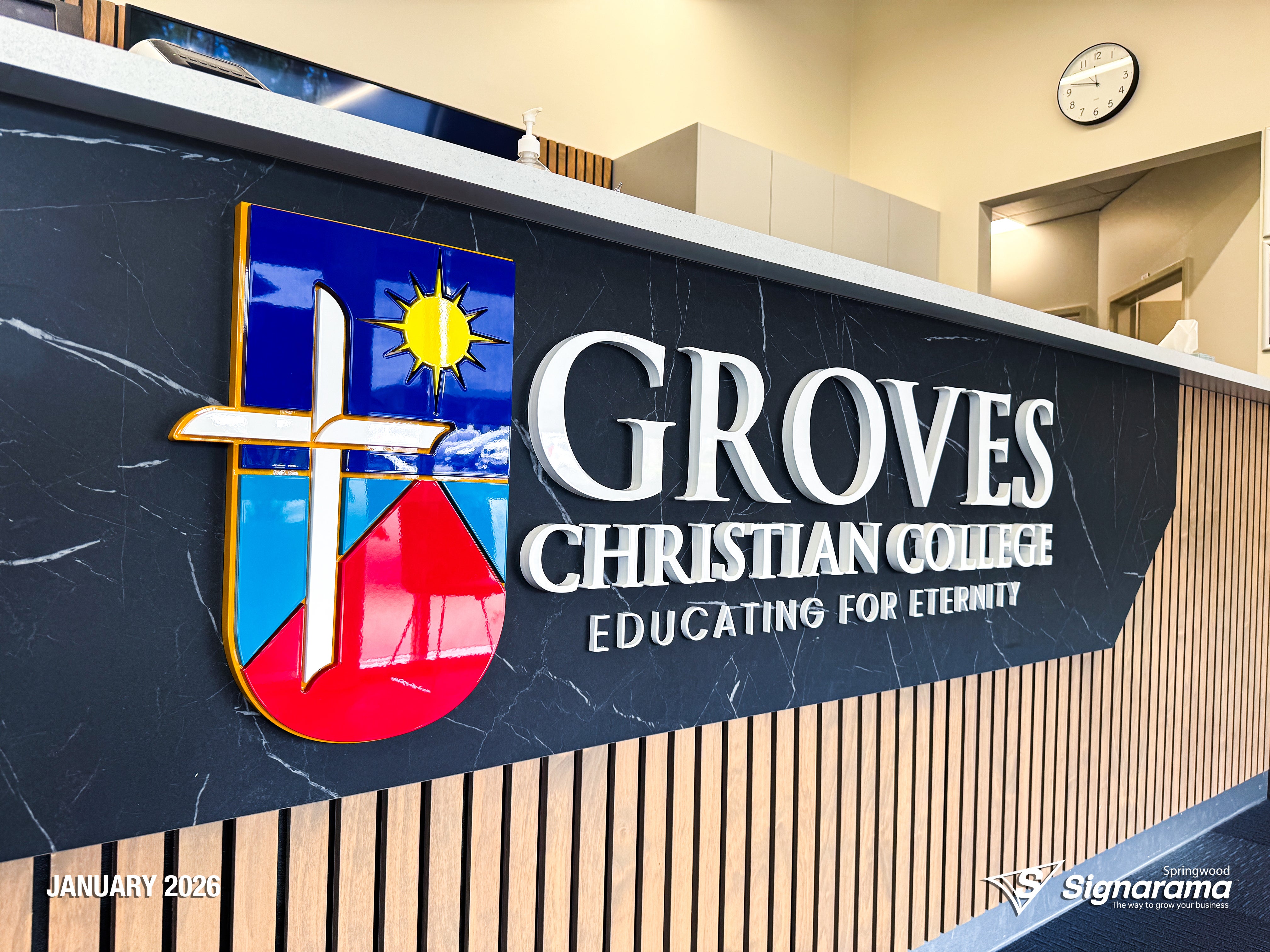 3D acrylic reception desk logo created by Signarama for Groves Christian College.3D acrylic reception desk logo created by Signarama for Groves Christian College.