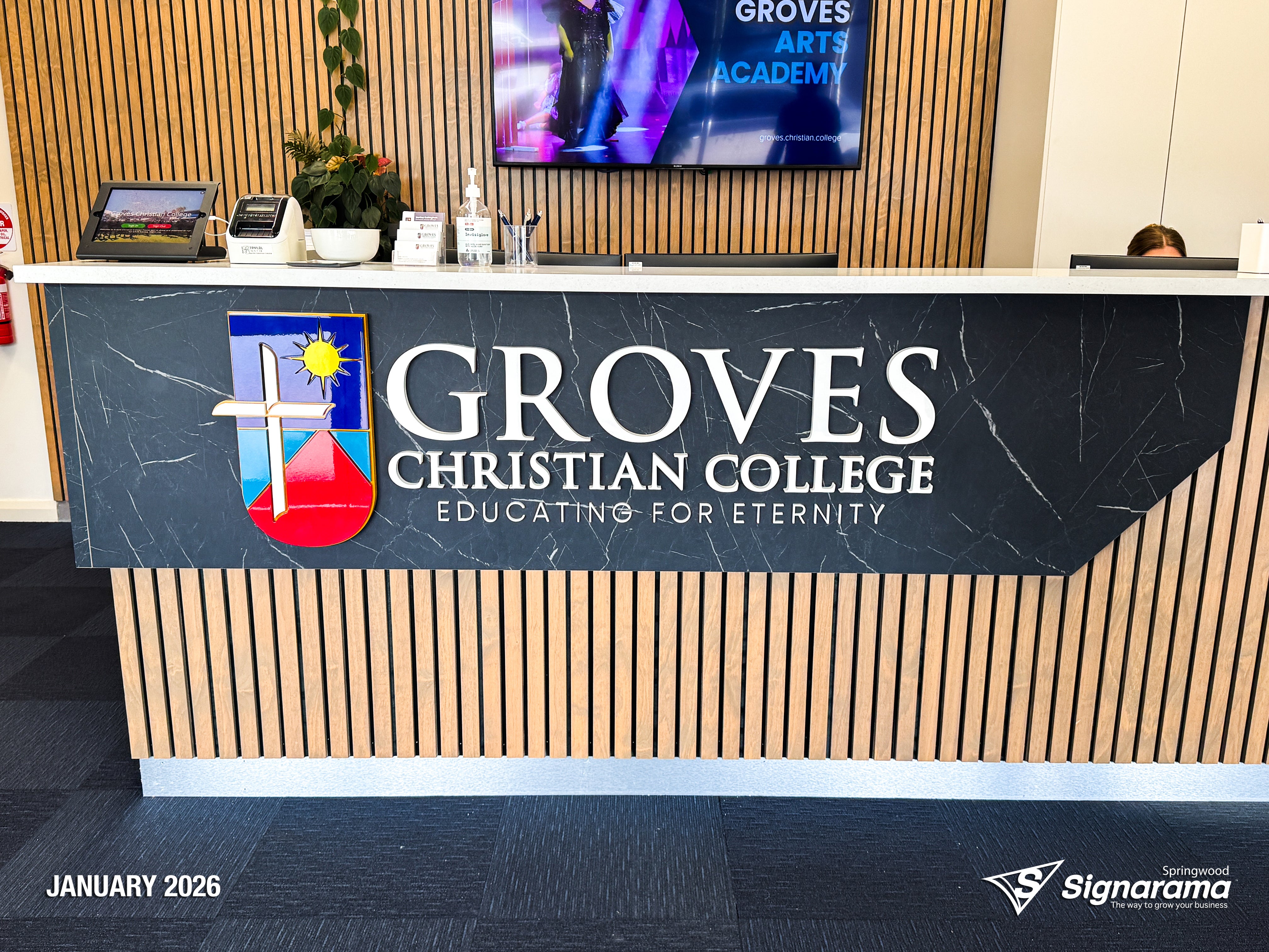 3D acrylic reception desk logo created by Signarama for Groves Christian College.