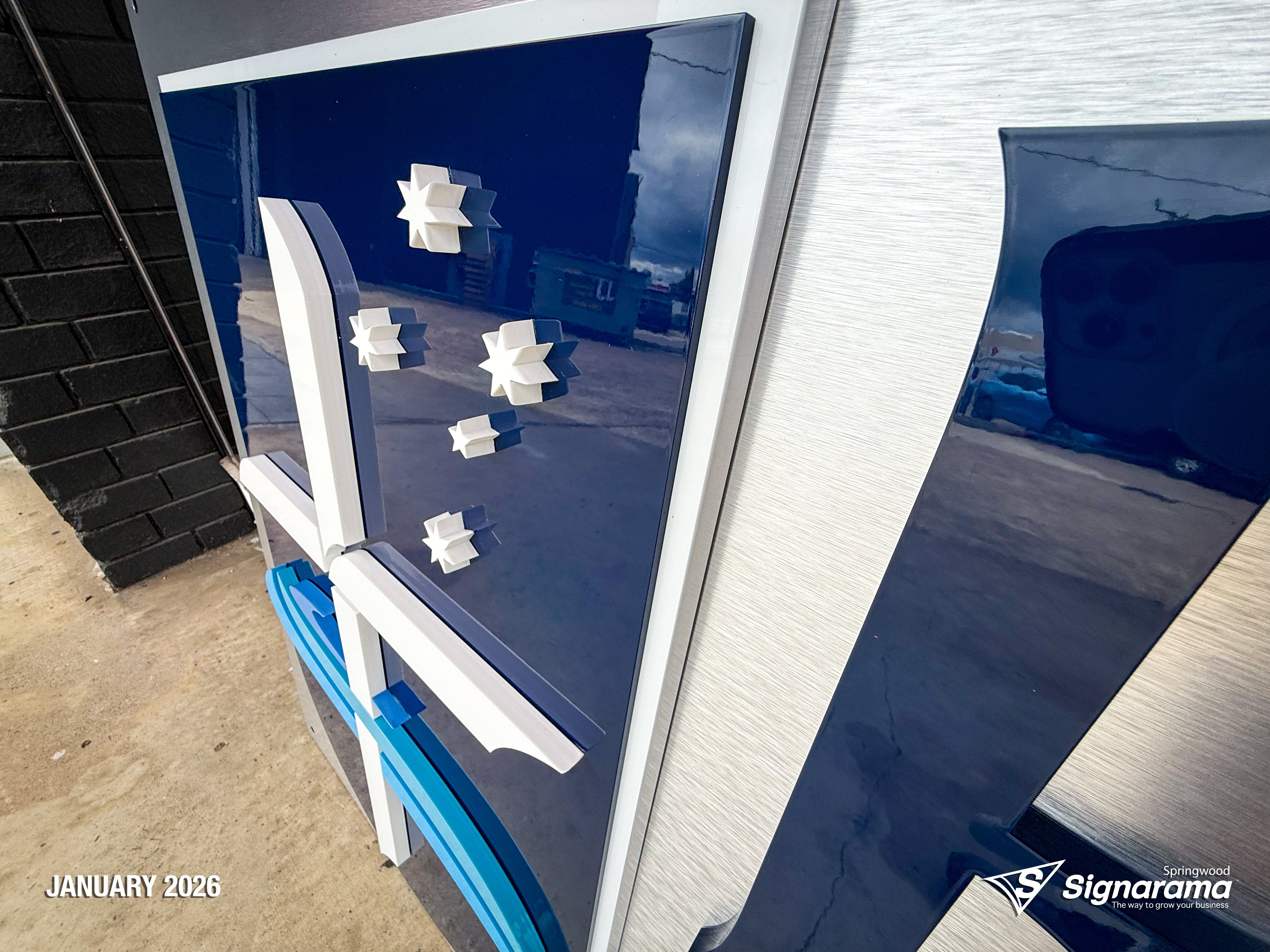 3D acrylic logo signage installed at Rivers Christian College by Signarama Springwood, featuring clean, modern dimensional lettering for a professional school reception display.