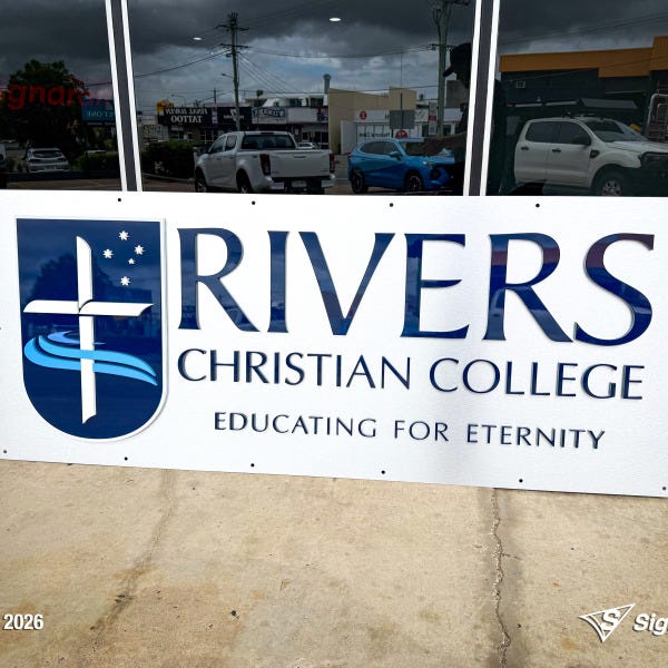3D acrylic logo signage installed at Rivers Christian College by Signarama Springwood, featuring clean, modern dimensional lettering for a professional school reception display.