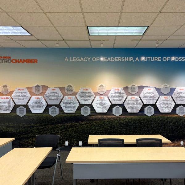 Santa Rosa Metro Chamber timeline wall wrap with hexagon plaques and acrylic logo