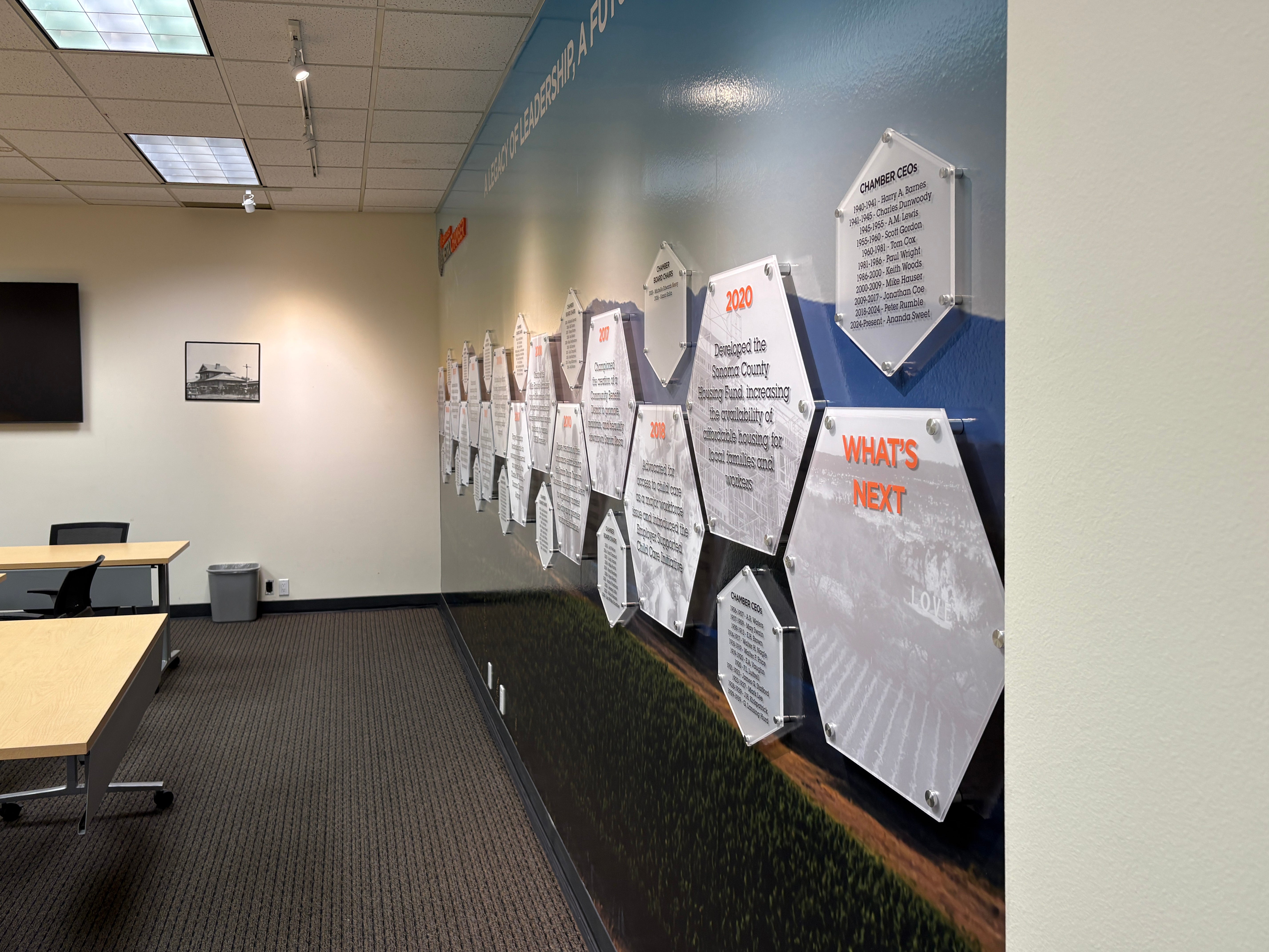 Angled view of Santa Rosa Metro Chamber timeline wall mural and hexagon plaques