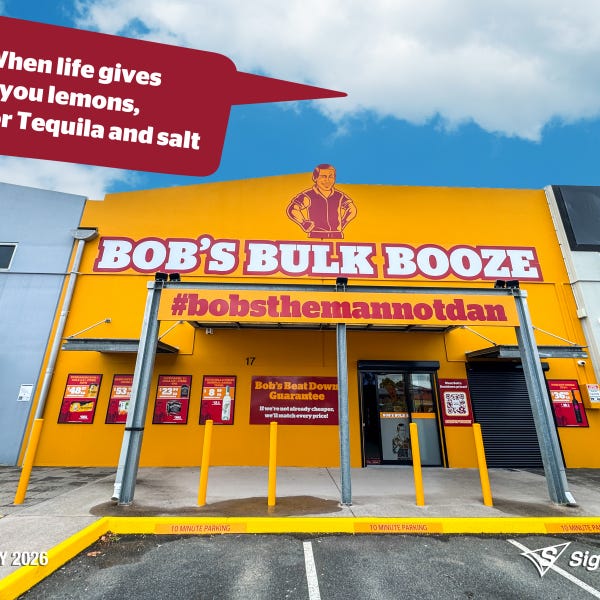 Exterior and interior signage installed by Signarama Springwood at Bob’s Bulk Booze Tingalpa, featuring bold storefront branding and cohesive in-store graphics creating a strong, p...