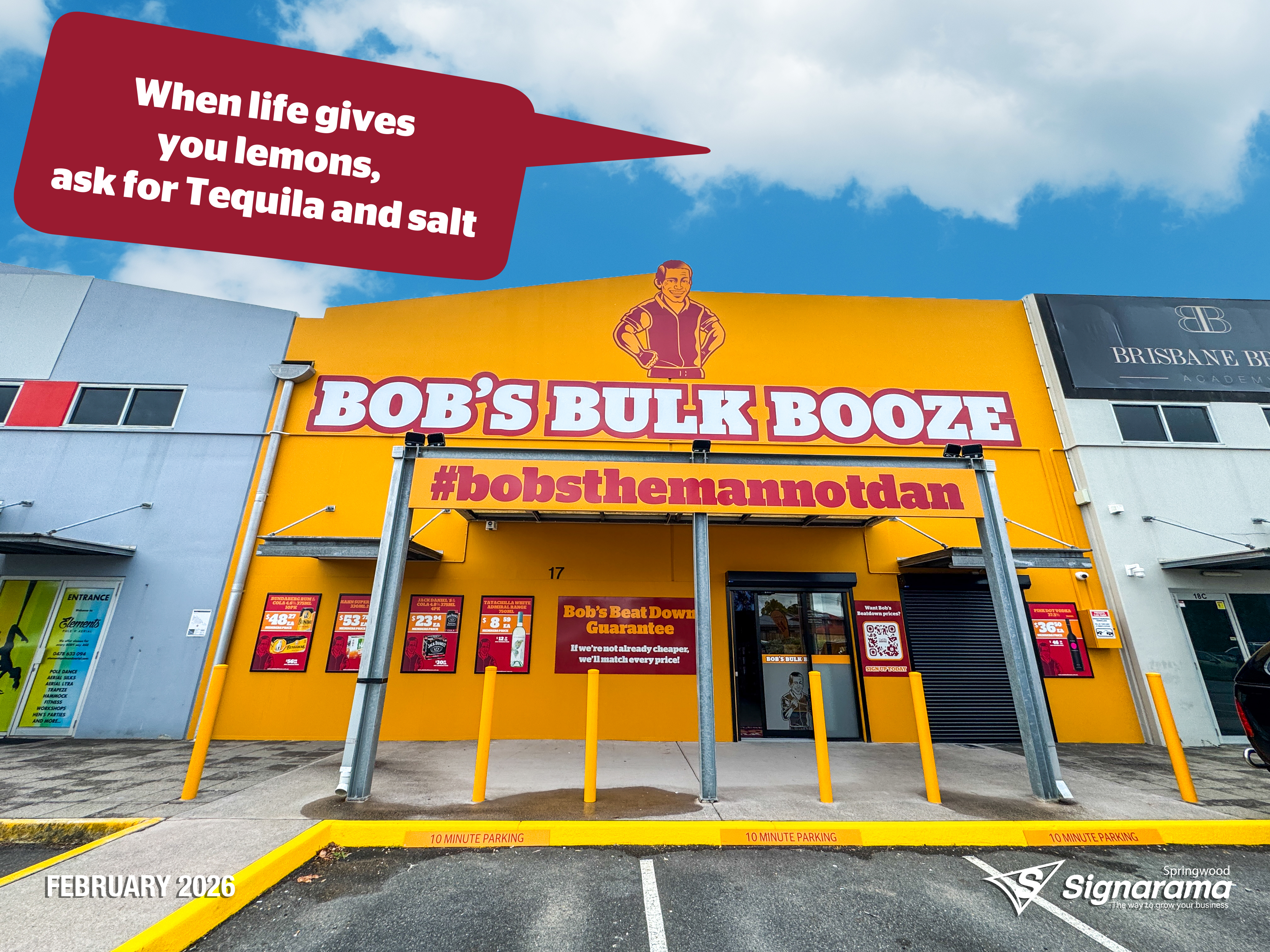 Exterior and interior signage installed by Signarama Springwood at Bob’s Bulk Booze Tingalpa, featuring bold storefront branding and cohesive in-store graphics creating a strong, p...