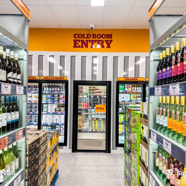 Exterior and interior signage installed by Signarama Springwood at Bob’s Bulk Booze Tingalpa, featuring bold storefront branding and cohesive in-store graphics creating a strong, p...