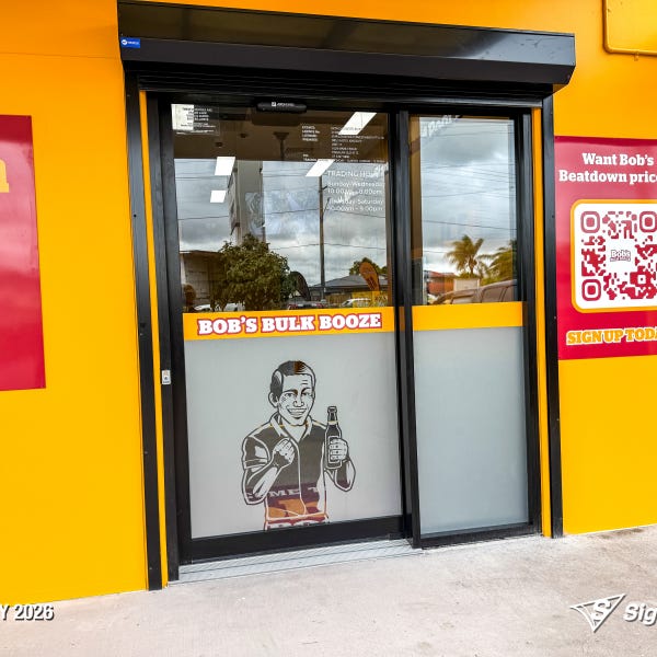 Exterior and interior signage installed by Signarama Springwood at Bob’s Bulk Booze Tingalpa, featuring bold storefront branding and cohesive in-store graphics creating a strong, p...