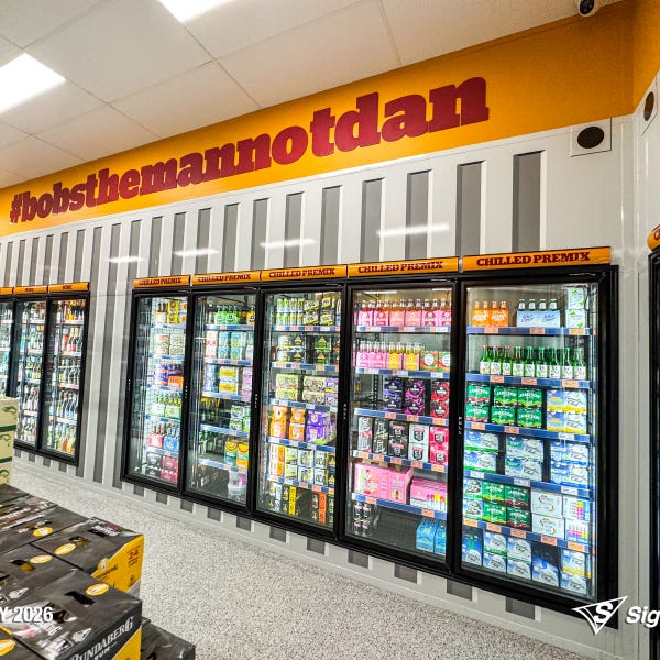 Exterior and interior signage installed by Signarama Springwood at Bob’s Bulk Booze Tingalpa, featuring bold storefront branding and cohesive in-store graphics creating a strong, p...