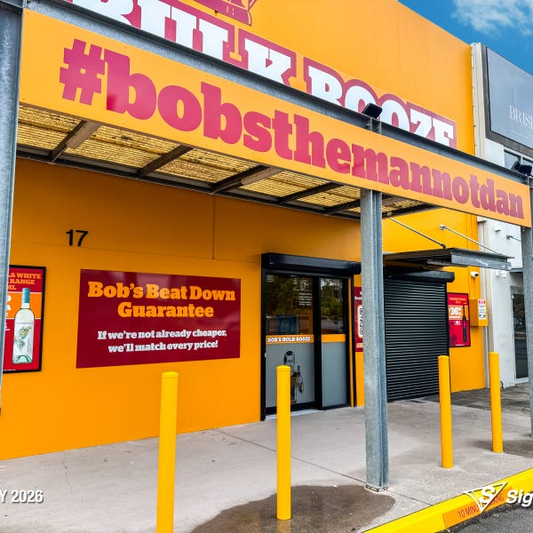 Exterior and interior signage installed by Signarama Springwood at Bob’s Bulk Booze Tingalpa, featuring bold storefront branding and cohesive in-store graphics creating a strong, p...