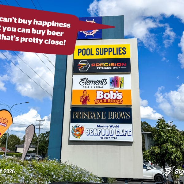 Exterior and interior signage installed by Signarama Springwood at Bob’s Bulk Booze Tingalpa, featuring bold storefront branding and cohesive in-store graphics creating a strong, p...
