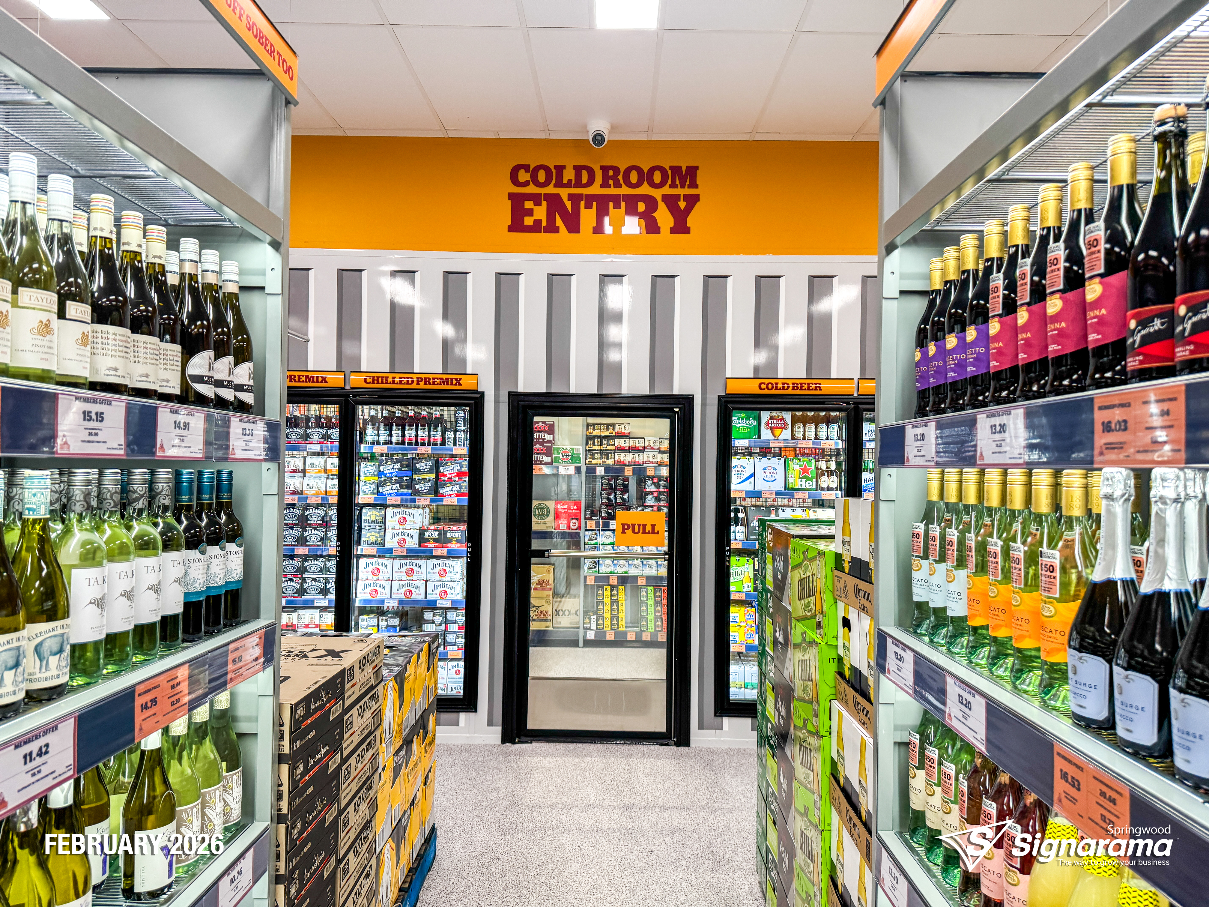 Exterior and interior signage installed by Signarama Springwood at Bob’s Bulk Booze Tingalpa, featuring bold storefront branding and cohesive in-store graphics creating a strong, p...