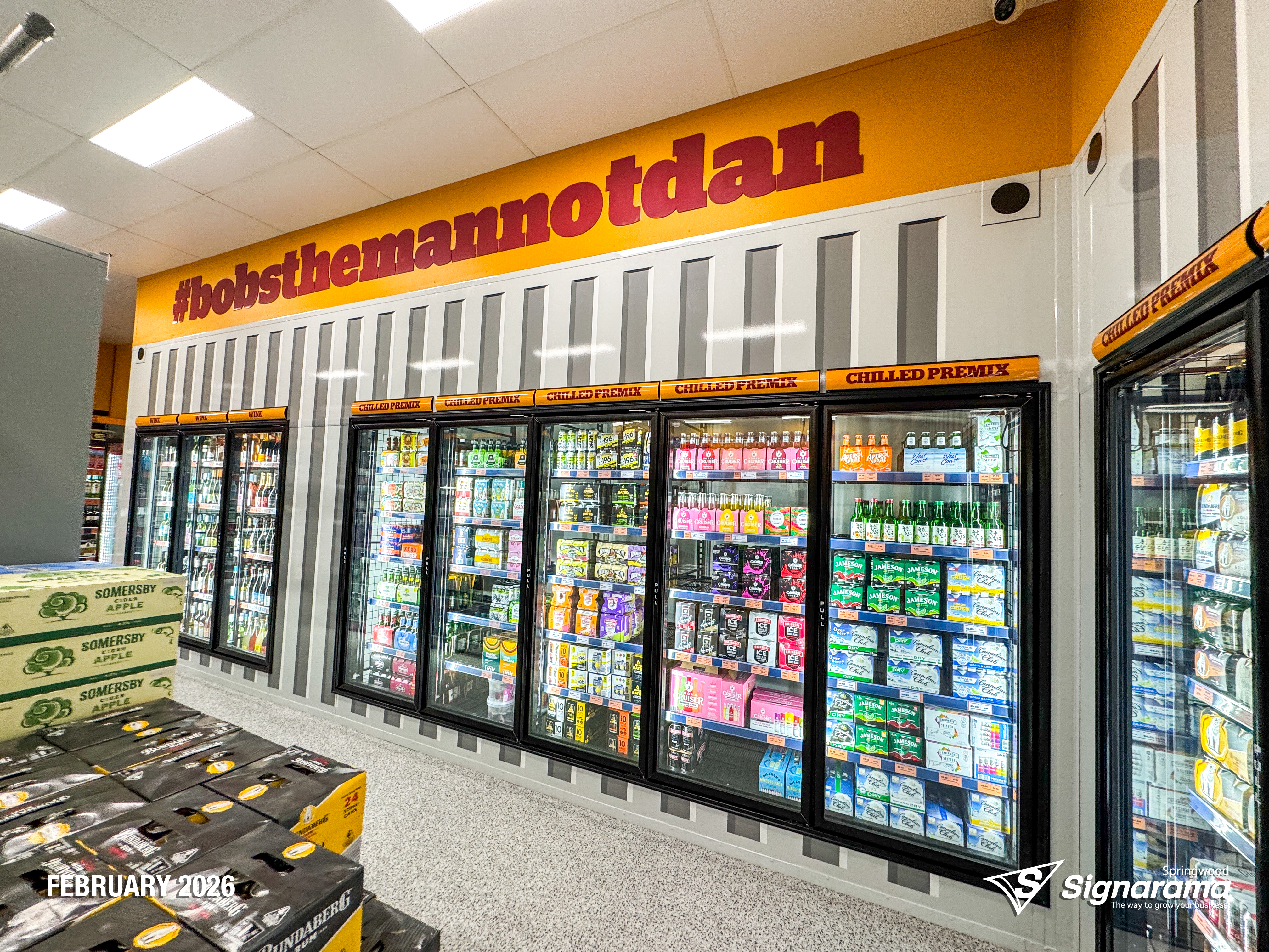 Exterior and interior signage installed by Signarama Springwood at Bob’s Bulk Booze Tingalpa, featuring bold storefront branding and cohesive in-store graphics creating a strong, p...