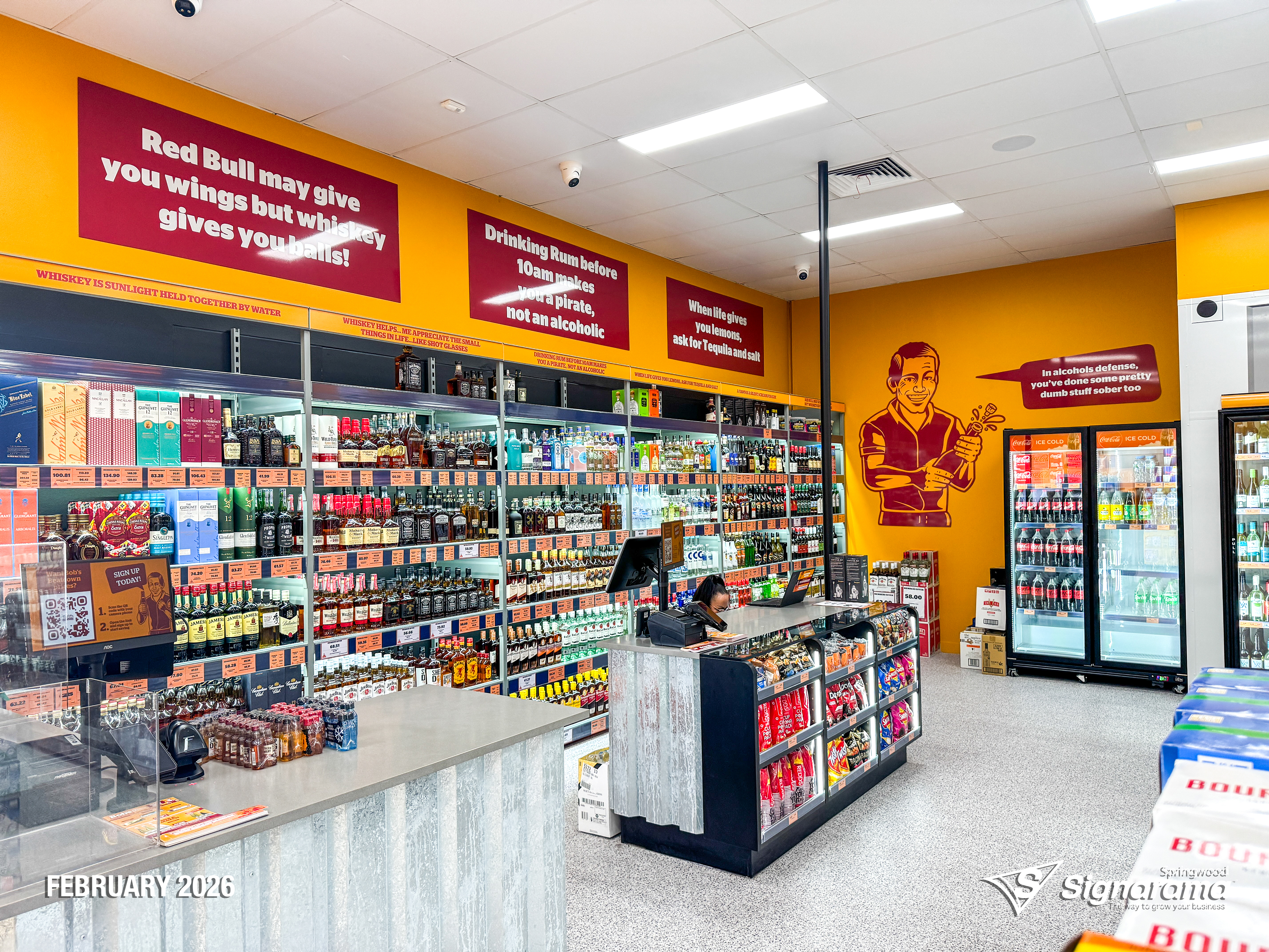 Exterior and interior signage installed by Signarama Springwood at Bob’s Bulk Booze Tingalpa, featuring bold storefront branding and cohesive in-store graphics creating a strong, p...
