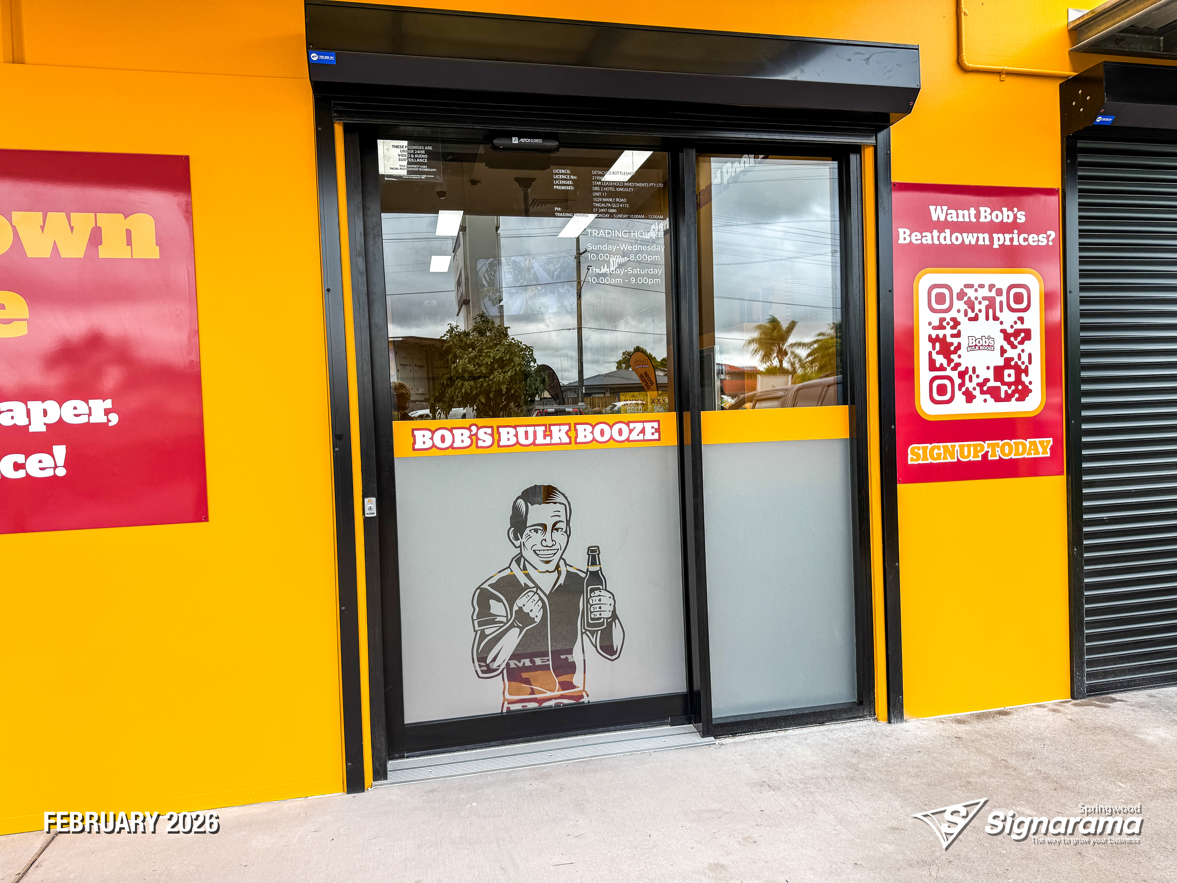 Exterior and interior signage installed by Signarama Springwood at Bob’s Bulk Booze Tingalpa, featuring bold storefront branding and cohesive in-store graphics creating a strong, p...