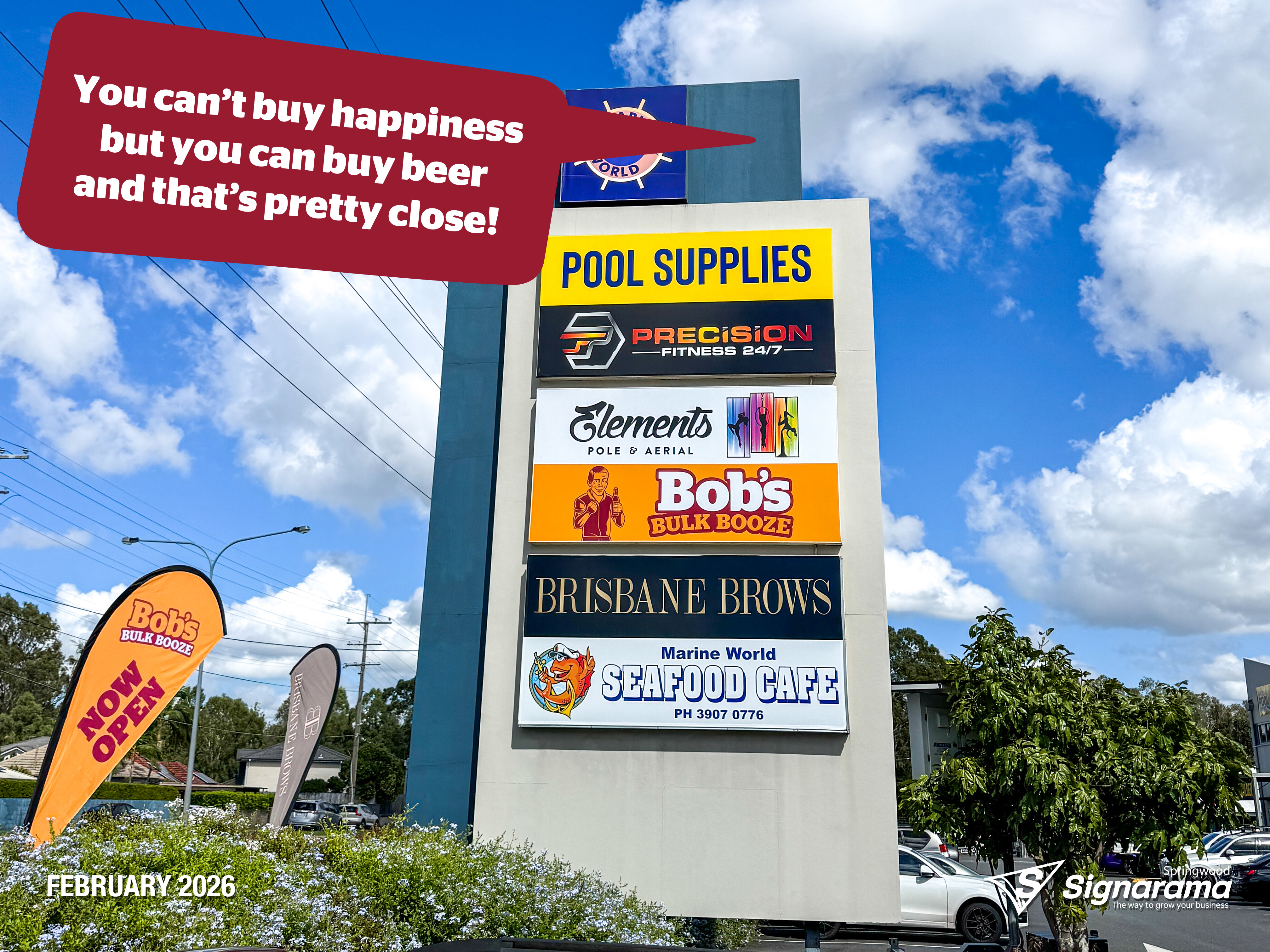 Exterior and interior signage installed by Signarama Springwood at Bob’s Bulk Booze Tingalpa, featuring bold storefront branding and cohesive in-store graphics creating a strong, p...