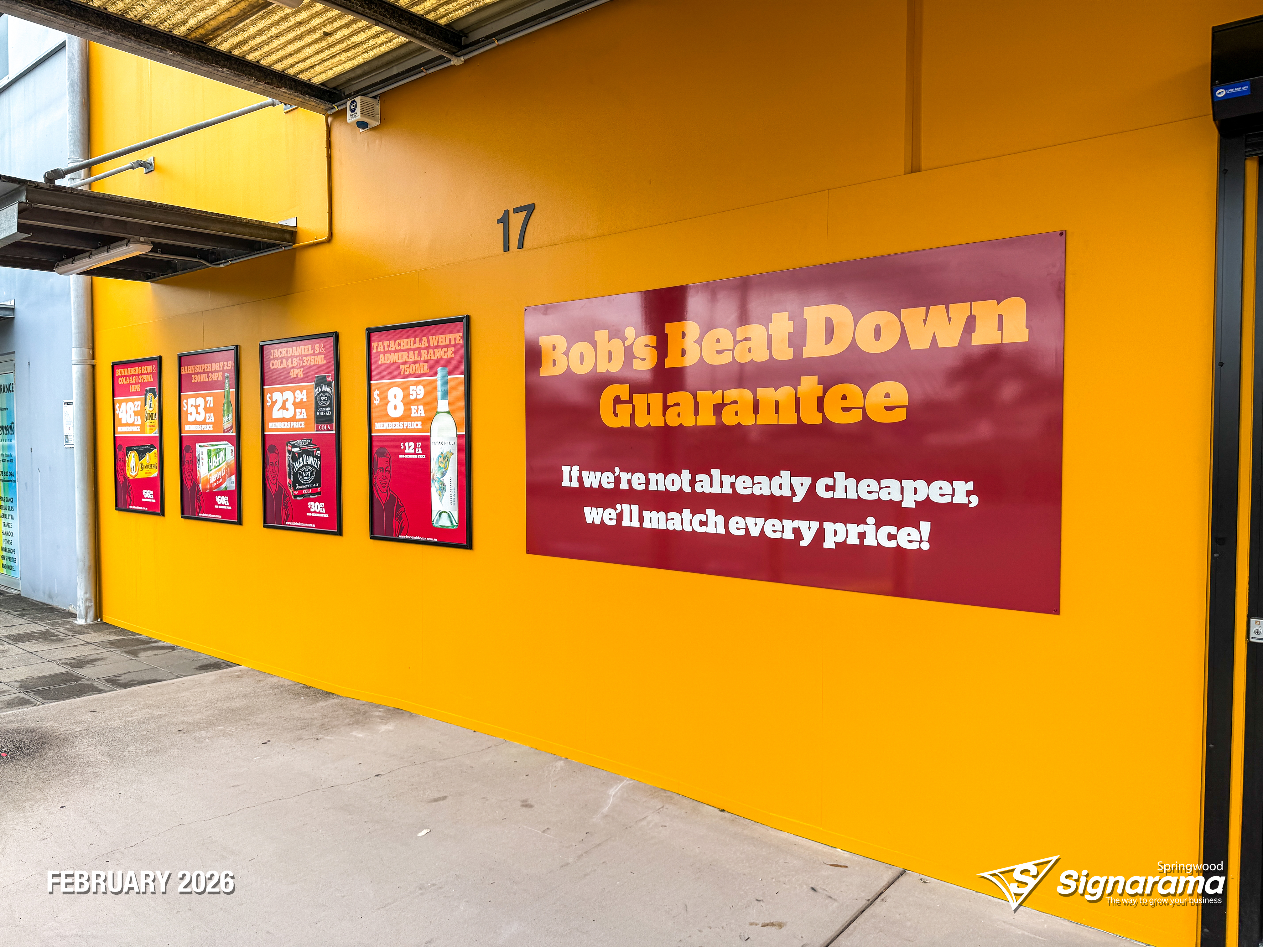 Exterior and interior signage installed by Signarama Springwood at Bob’s Bulk Booze Tingalpa, featuring bold storefront branding and cohesive in-store graphics creating a strong, p...