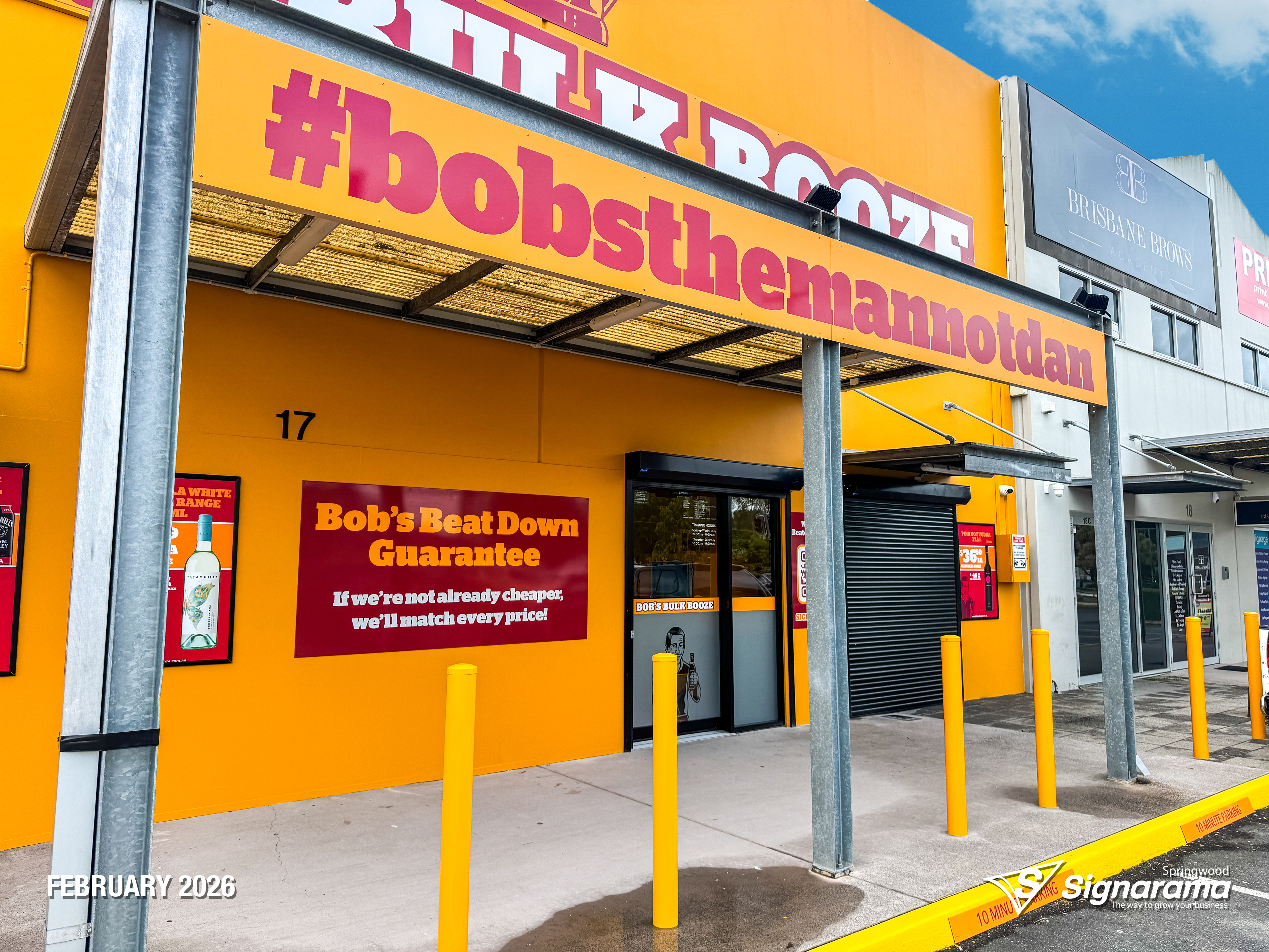 Exterior and interior signage installed by Signarama Springwood at Bob’s Bulk Booze Tingalpa, featuring bold storefront branding and cohesive in-store graphics creating a strong, p...