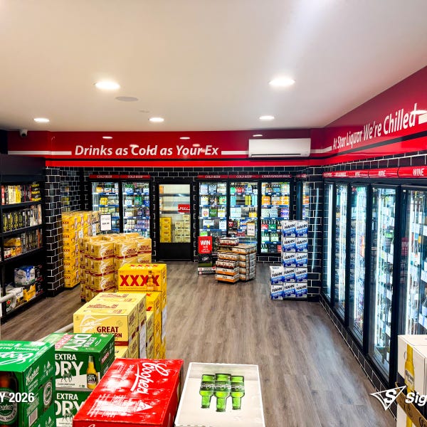 Exterior and interior signage installed by Signarama Springwood at a Star Liquor store, featuring illuminated storefront branding and cohesive in-store graphics for a complete reta...