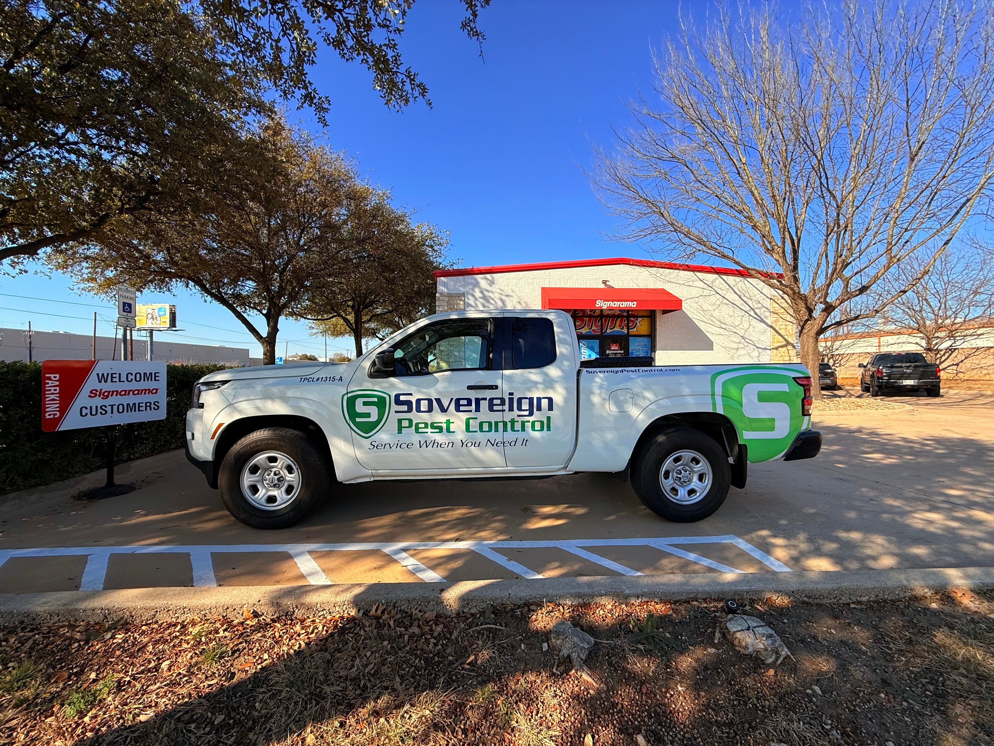 Truck Decals for Sovereign Pest Control done by Signarama North Fort Worth/Keller