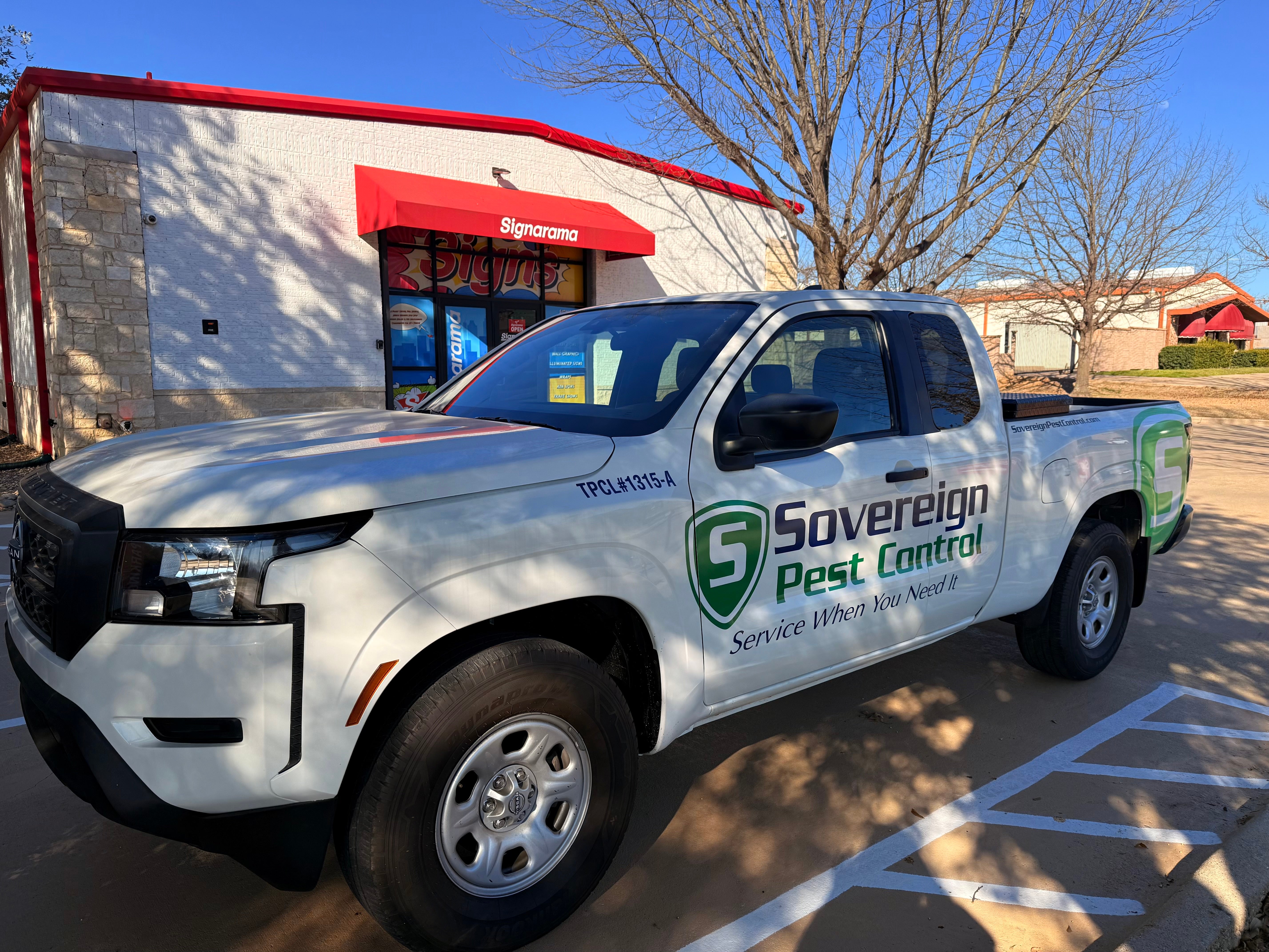 Truck Decals for Sovereign Pest Control done by Signarama North Fort Worth/Keller