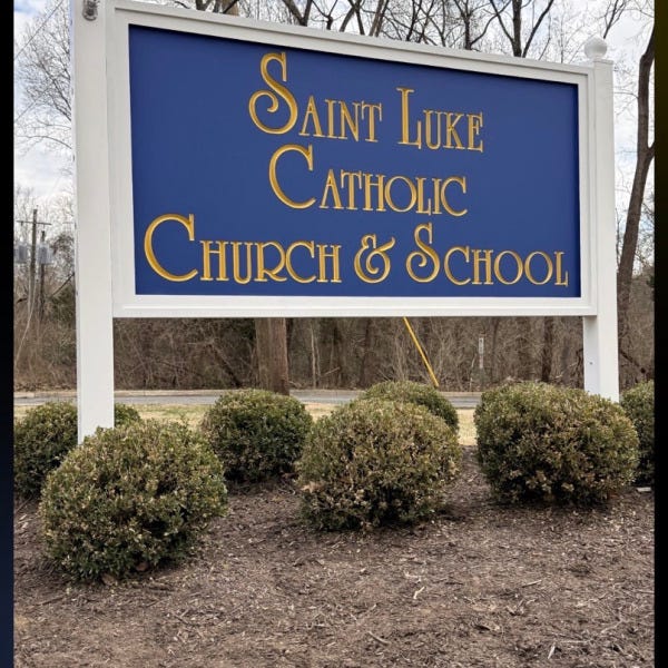 Custom HDU Post & Panel Entrance Sign for Saint Luke Catholic Church & School in McLean, VA | Royal Blue & Gold Church Signage