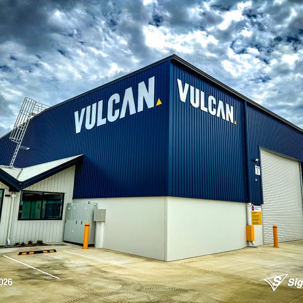 Large ACM cut building letters and precision vinyl cut lettering installed by Signarama Springwood for Vulcan Steel in Toowoomba, Queensland, featuring bold exterior signage mounte...