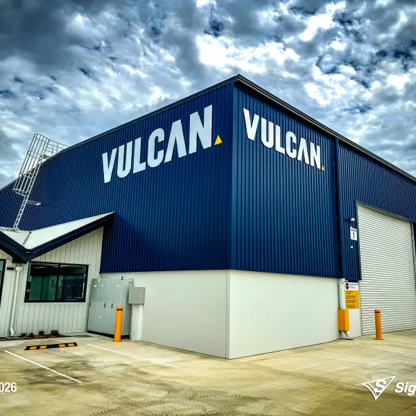 Large ACM cut building letters and precision vinyl cut lettering installed by Signarama Springwood for Vulcan Steel in Toowoomba, Queensland, featuring bold exterior signage mounte...