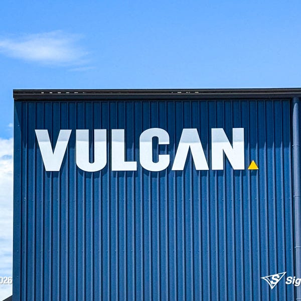 Large ACM cut building letters and precision vinyl cut lettering installed by Signarama Springwood for Vulcan Steel in Toowoomba, Queensland, featuring bold exterior signage mounte...