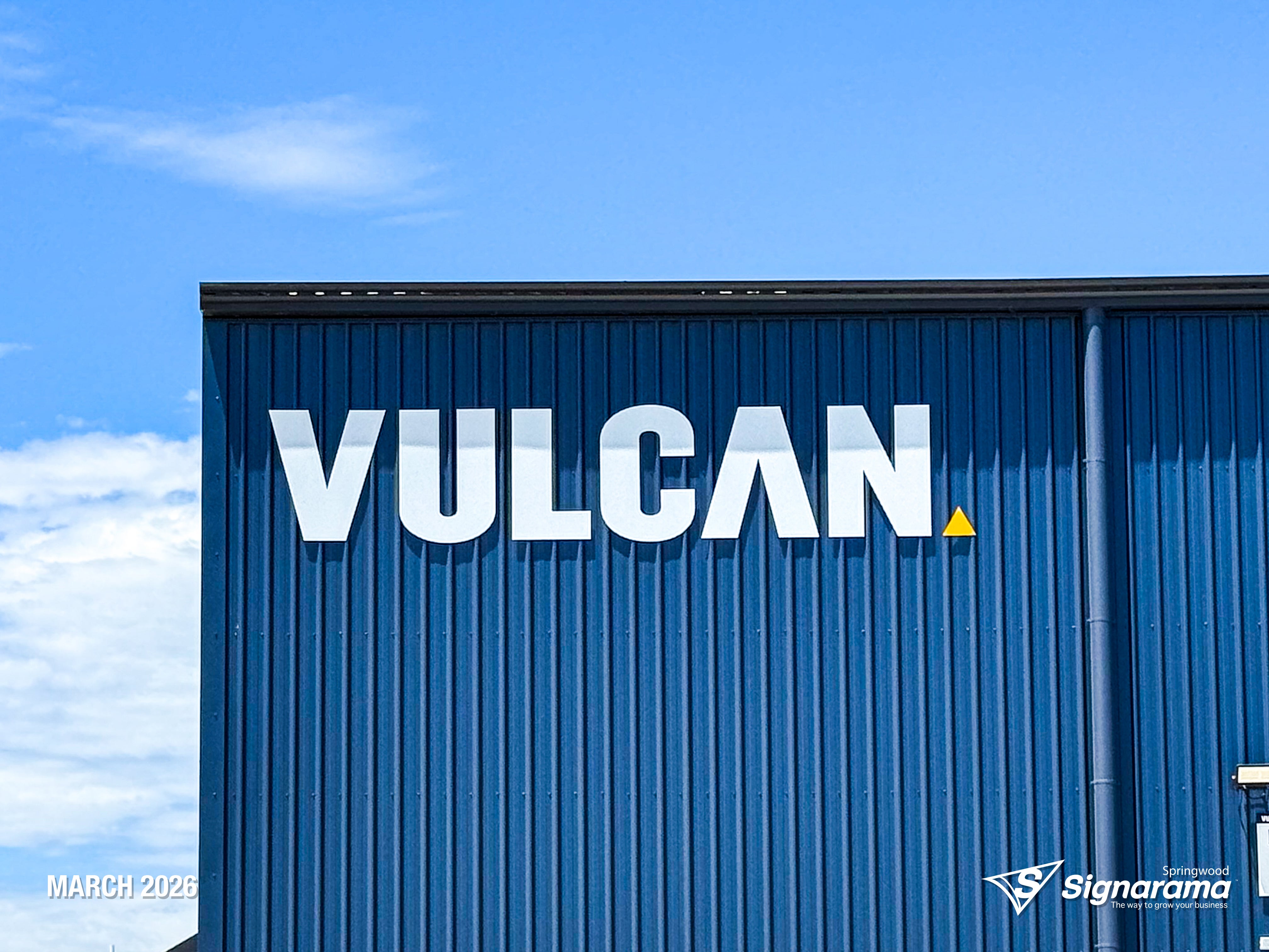Large ACM cut building letters and precision vinyl cut lettering installed by Signarama Springwood for Vulcan Steel in Toowoomba, Queensland, featuring bold exterior signage mounte...