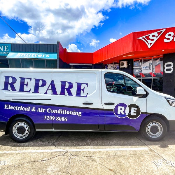 Repare Electrical work van with professionally installed vehicle graphics by Signarama Springwood, featuring bold branding and contact details designed to promote the electrical bu...