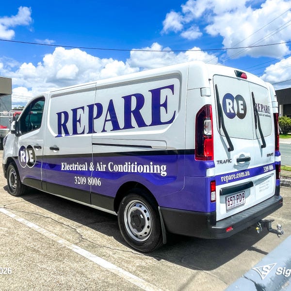 Repare Electrical work van with professionally installed vehicle graphics by Signarama Springwood, featuring bold branding and contact details designed to promote the electrical bu...