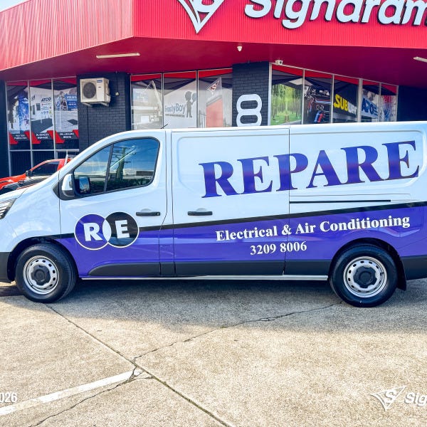 Repare Electrical work van with professionally installed vehicle graphics by Signarama Springwood, featuring bold branding and contact details designed to promote the electrical bu...