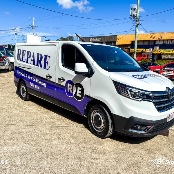 Repare Electrical work van with professionally installed vehicle graphics by Signarama Springwood, featuring bold branding and contact details designed to promote the electrical bu...