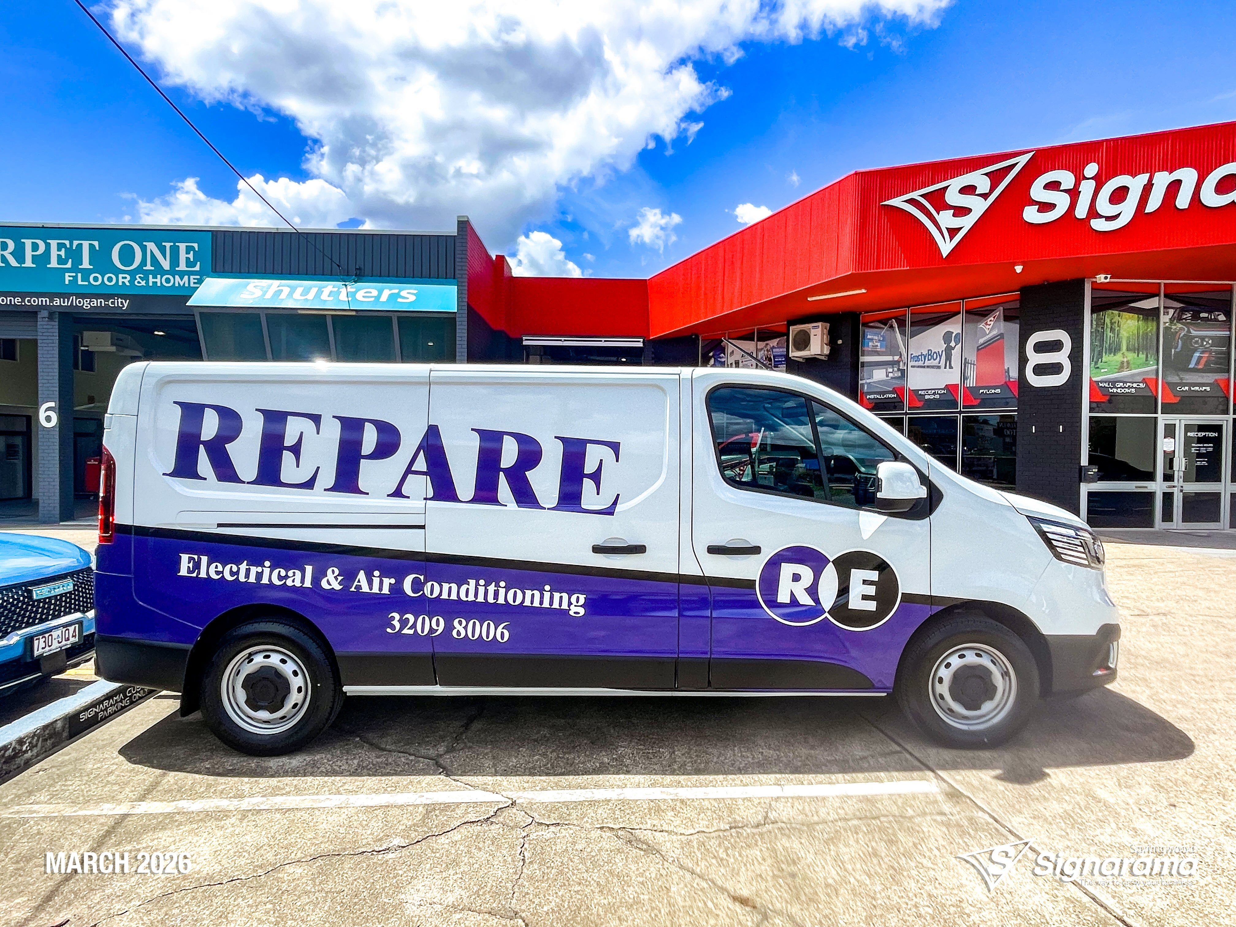 Repare Electrical work van with professionally installed vehicle graphics by Signarama Springwood, featuring bold branding and contact details designed to promote the electrical bu...