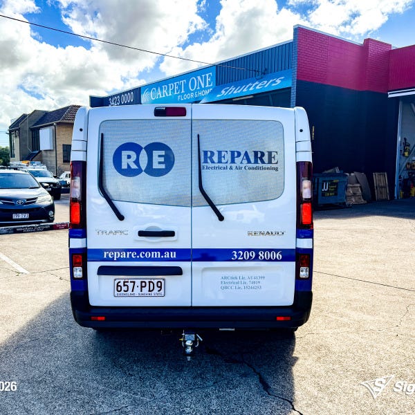 Repare Electrical work van with professionally installed vehicle graphics by Signarama Springwood, featuring bold branding and contact details designed to promote the electrical bu...