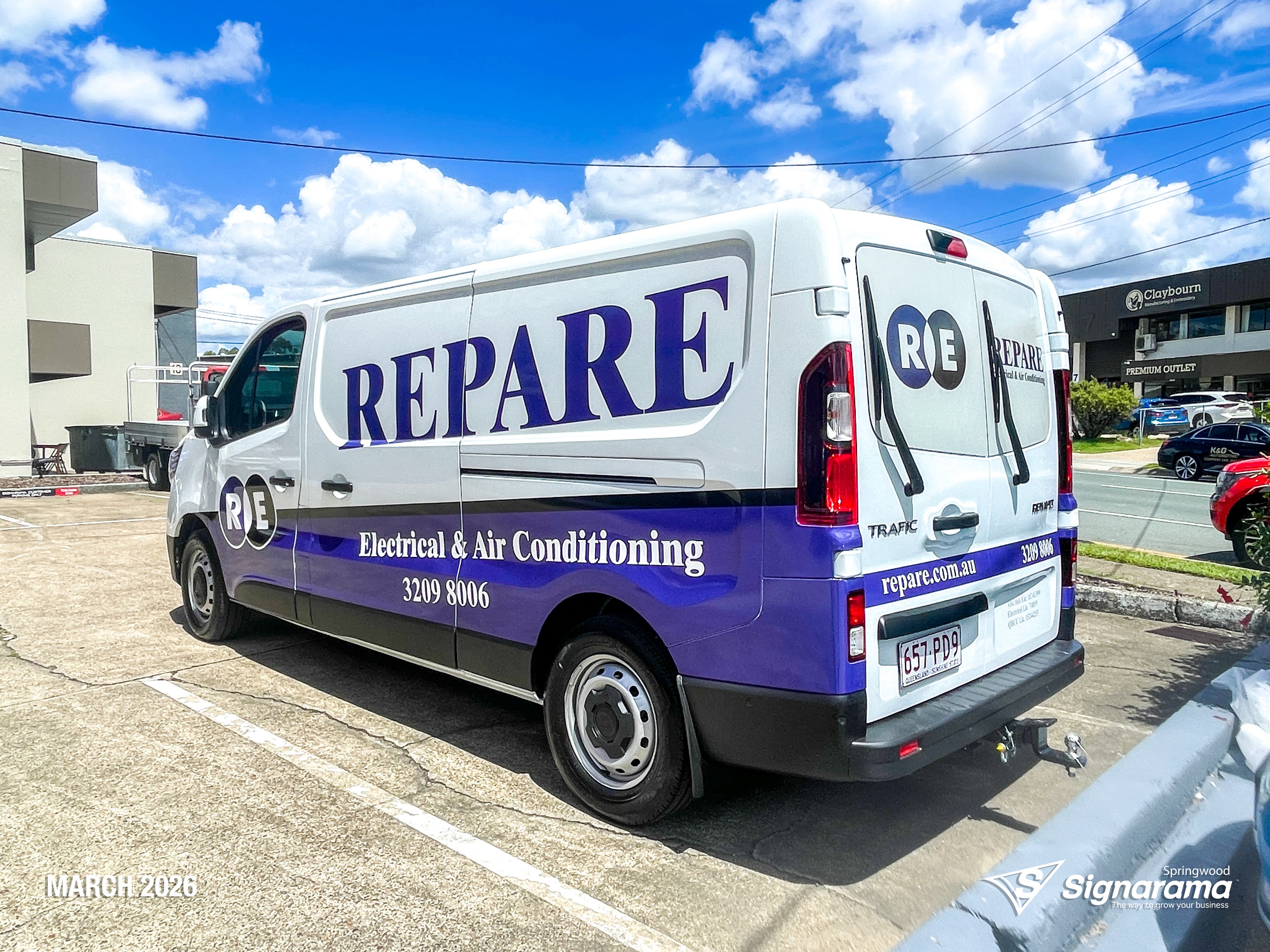 Repare Electrical work van with professionally installed vehicle graphics by Signarama Springwood, featuring bold branding and contact details designed to promote the electrical bu...