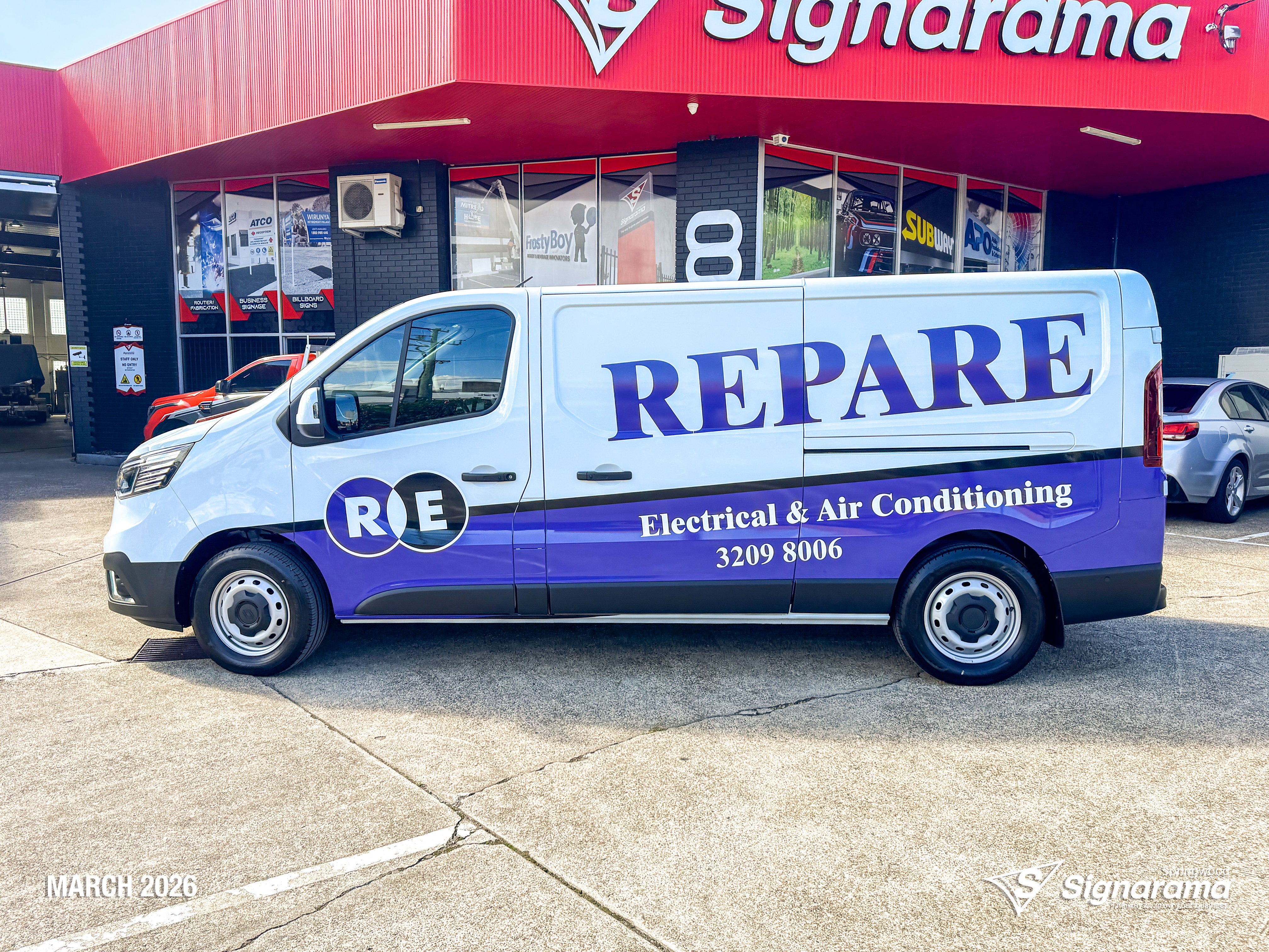 Repare Electrical work van with professionally installed vehicle graphics by Signarama Springwood, featuring bold branding and contact details designed to promote the electrical bu...