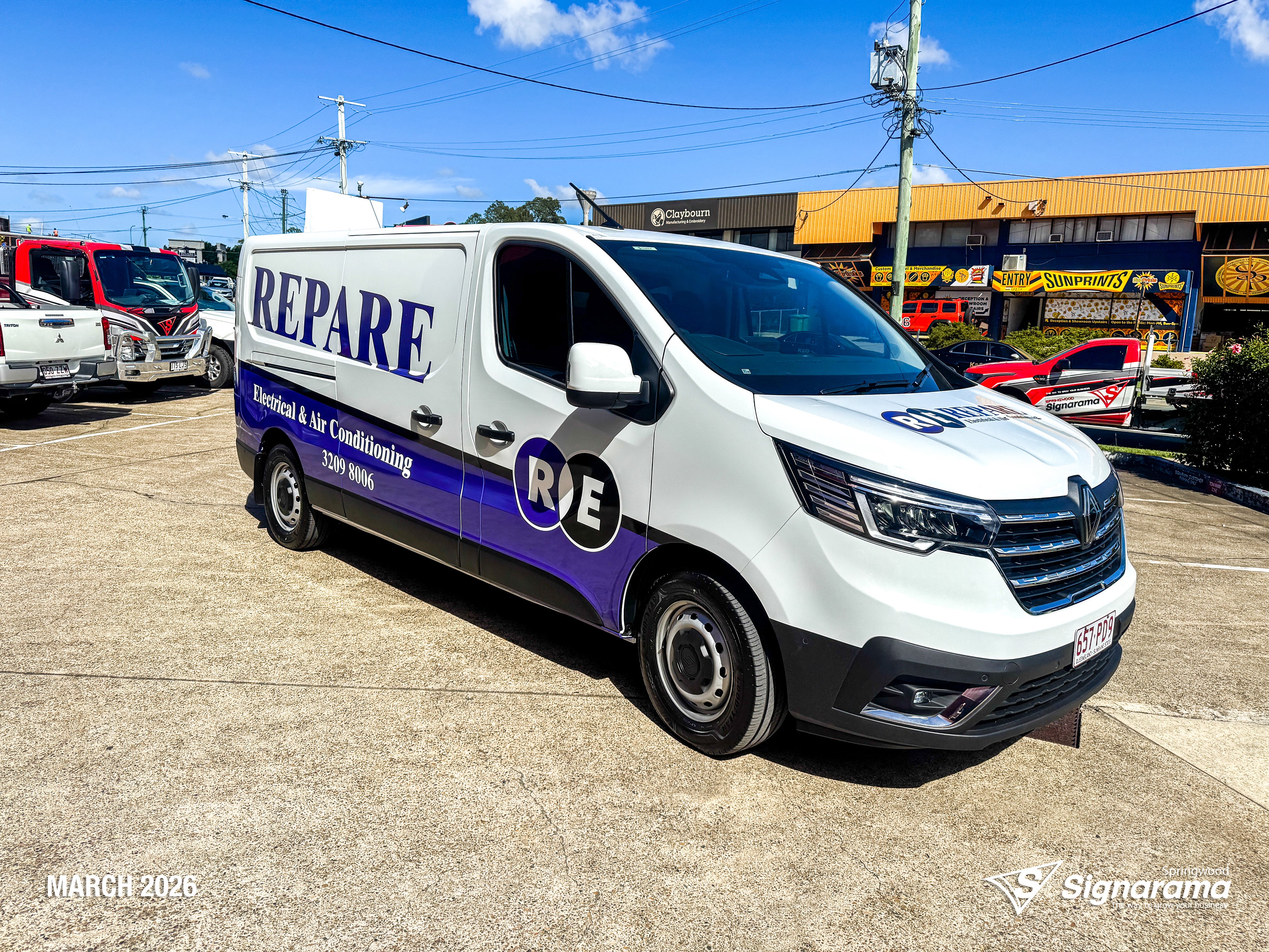 Repare Electrical work van with professionally installed vehicle graphics by Signarama Springwood, featuring bold branding and contact details designed to promote the electrical bu...
