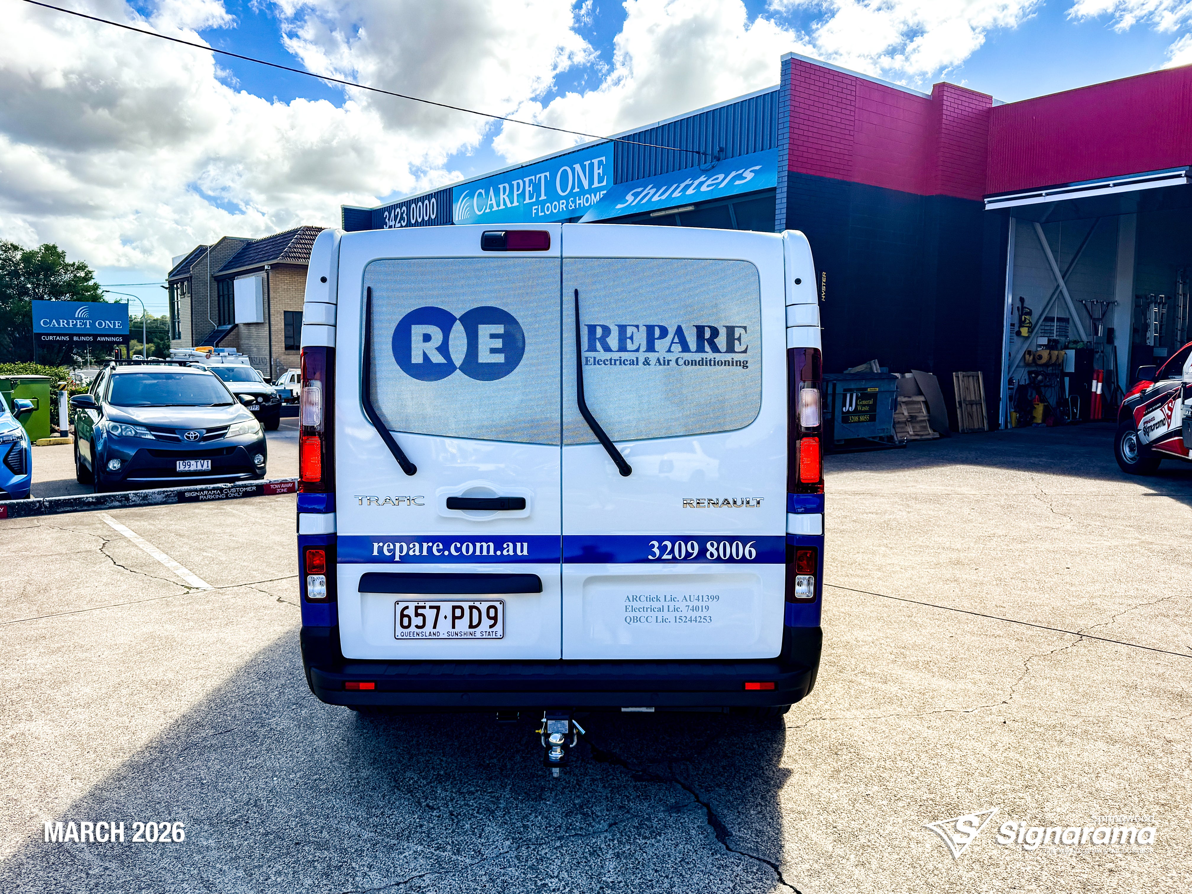 Repare Electrical work van with professionally installed vehicle graphics by Signarama Springwood, featuring bold branding and contact details designed to promote the electrical bu...