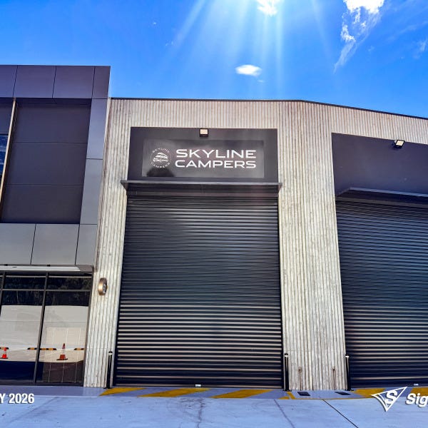 ACM panel shopfront sign manufactured and installed by Signarama Springwood for Skyline Campers, featuring a clean, modern design on durable aluminium composite material.