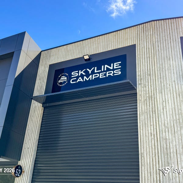 ACM panel shopfront sign manufactured and installed by Signarama Springwood for Skyline Campers, featuring a clean, modern design on durable aluminium composite material.