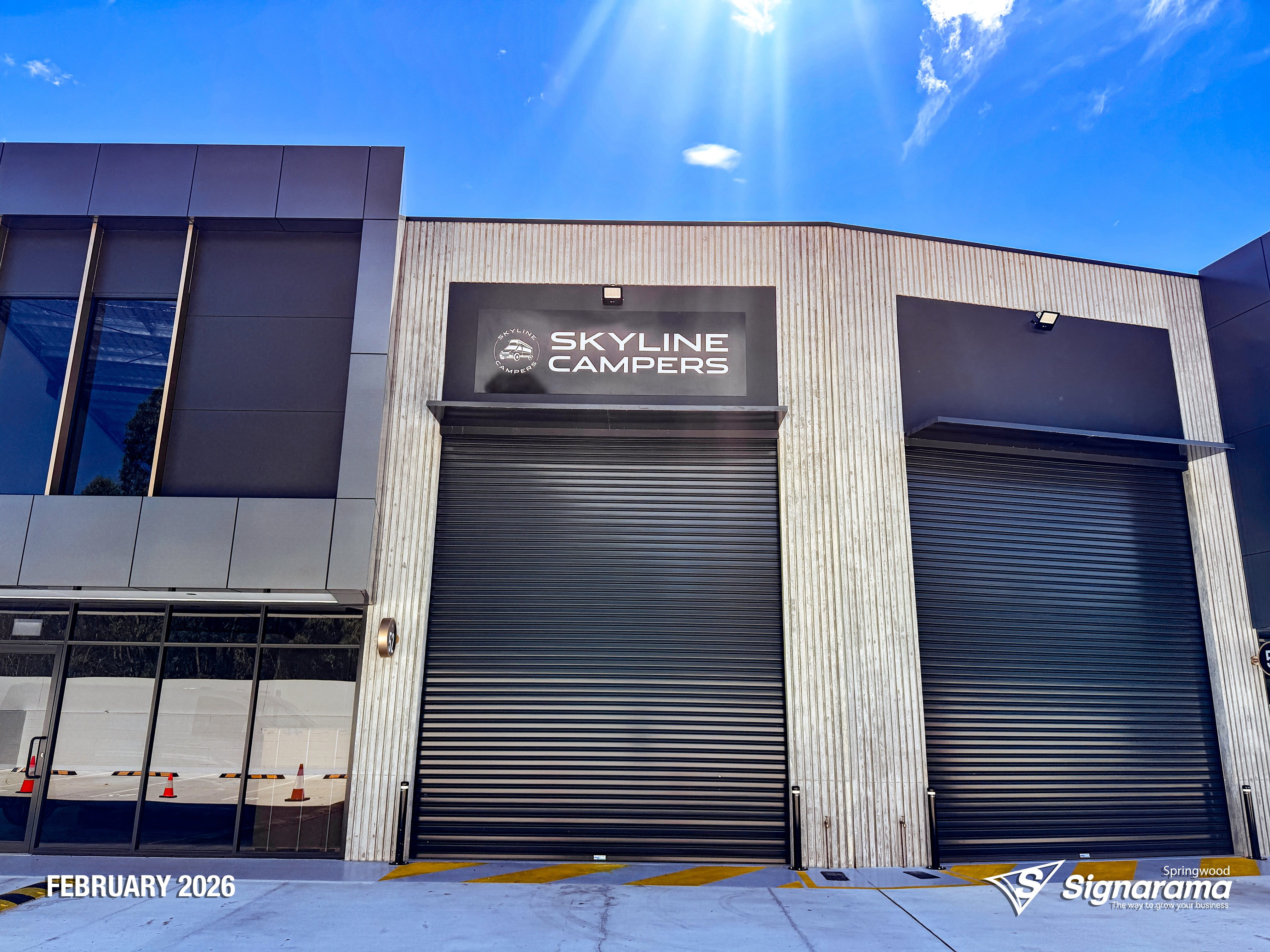 ACM panel shopfront sign manufactured and installed by Signarama Springwood for Skyline Campers, featuring a clean, modern design on durable aluminium composite material.