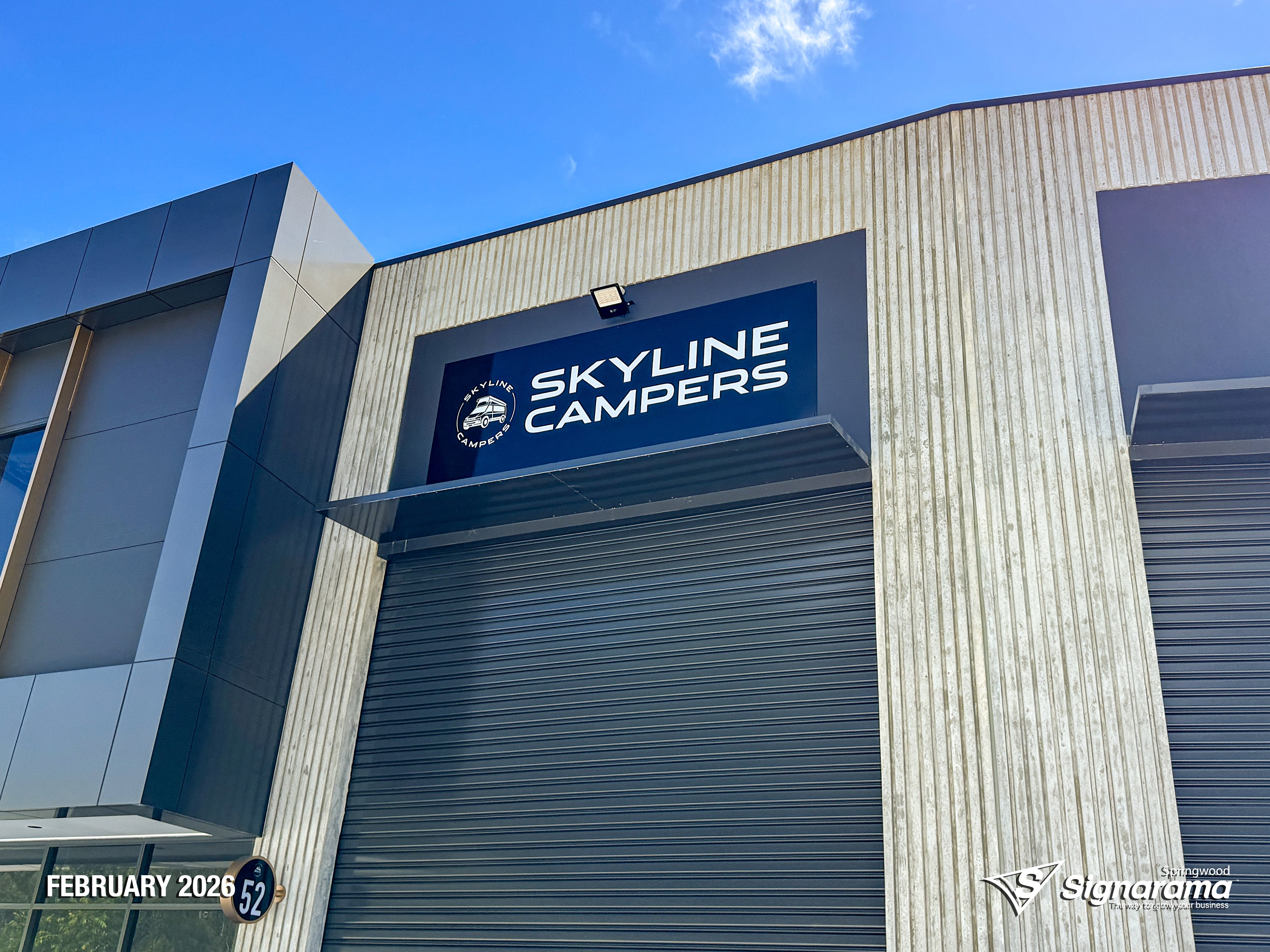 ACM panel shopfront sign manufactured and installed by Signarama Springwood for Skyline Campers, featuring a clean, modern design on durable aluminium composite material.