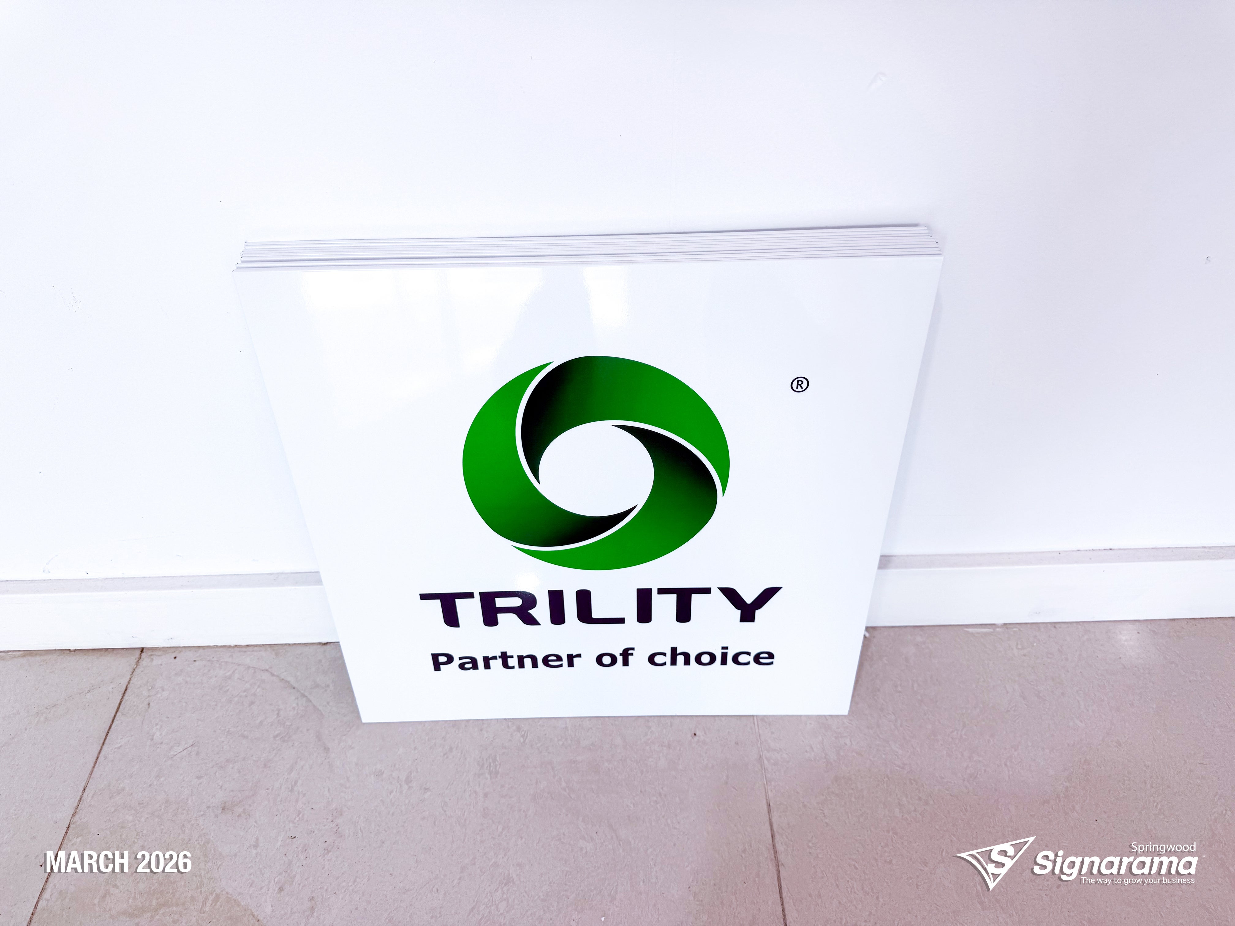 Signarama Springwood custom ACM panel signage produced for TRILITY, featuring durable aluminium composite material panels designed for industrial and commercial outdoor signage app...