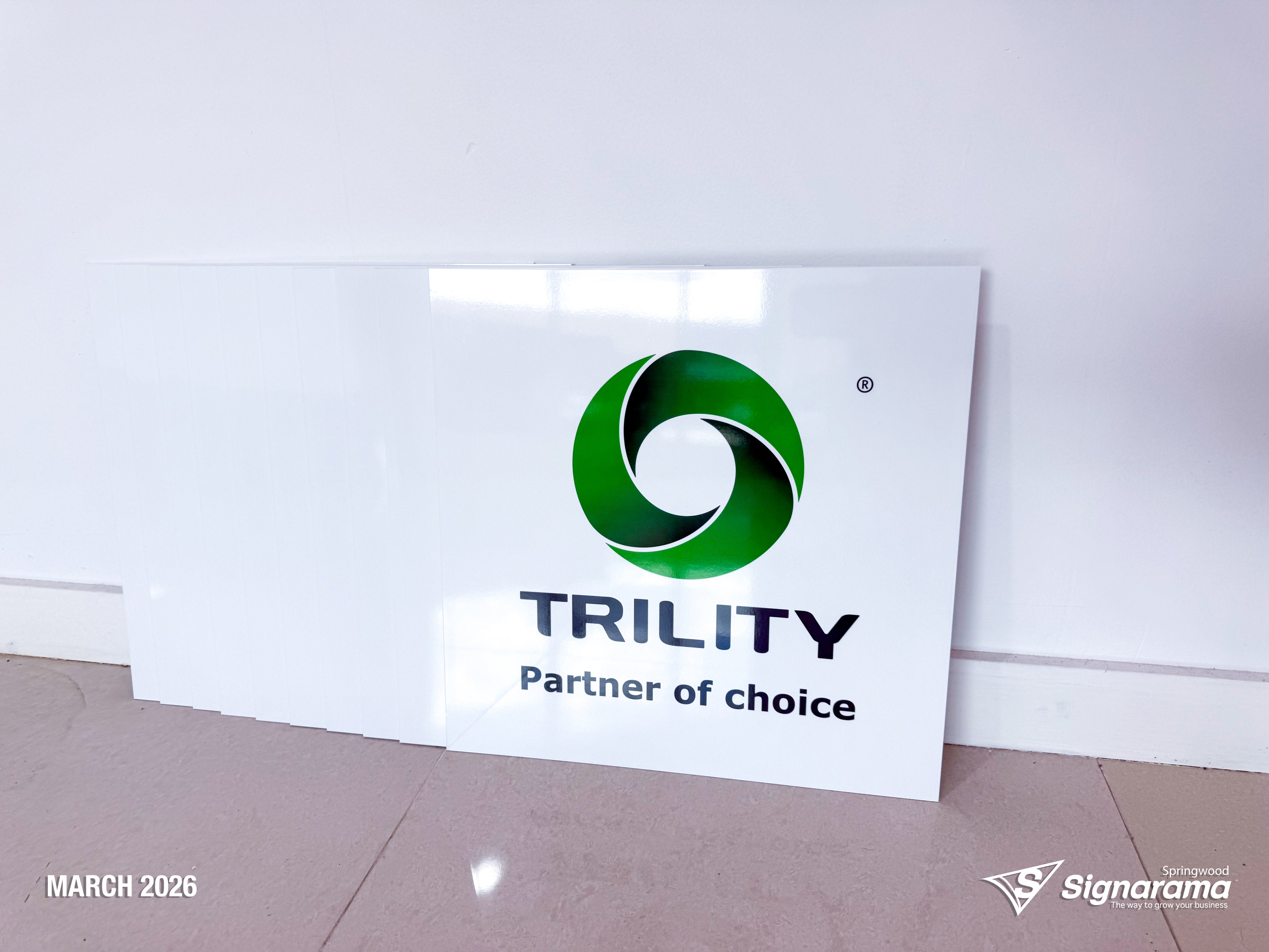 Signarama Springwood custom ACM panel signage produced for TRILITY, featuring durable aluminium composite material panels designed for industrial and commercial outdoor signage app...
