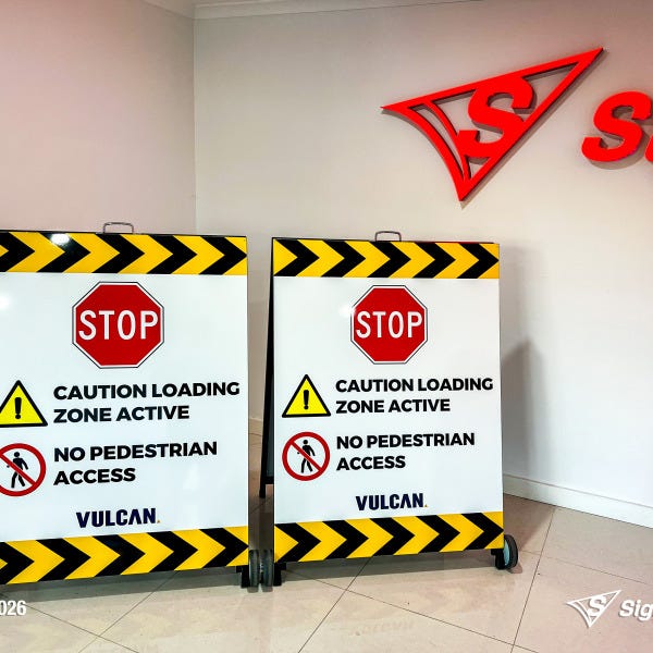 Signarama Springwood custom A-frame signage created for Vulcan Steel Carole Park, featuring durable portable signage designed for industrial and commercial site messaging.