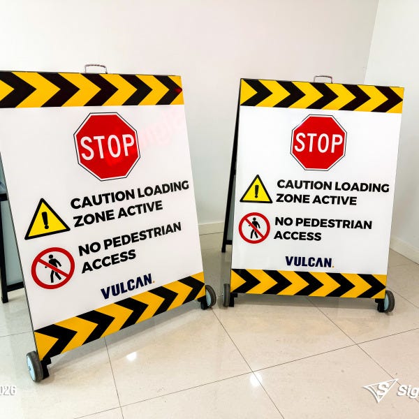 Signarama Springwood custom A-frame signage created for Vulcan Steel Carole Park, featuring durable portable signage designed for industrial and commercial site messaging.