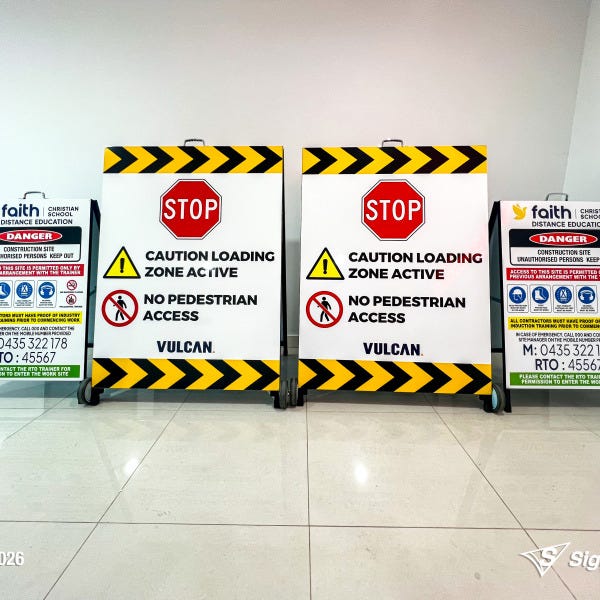 Signarama Springwood custom A-frame signage created for Vulcan Steel Carole Park, featuring durable portable signage designed for industrial and commercial site messaging.